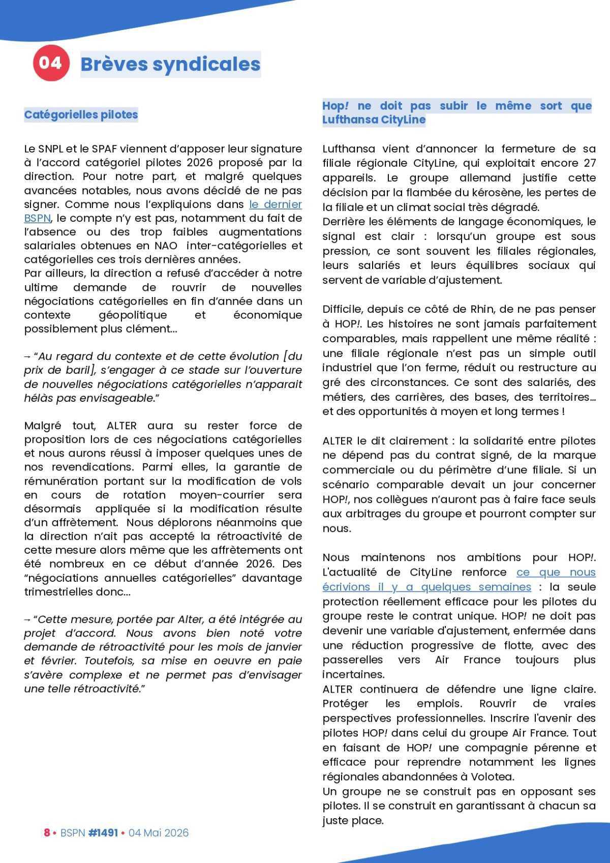 ALTER // Bulletin Syndical du Personnel Naviguant # 1491 du 4 mai 2026