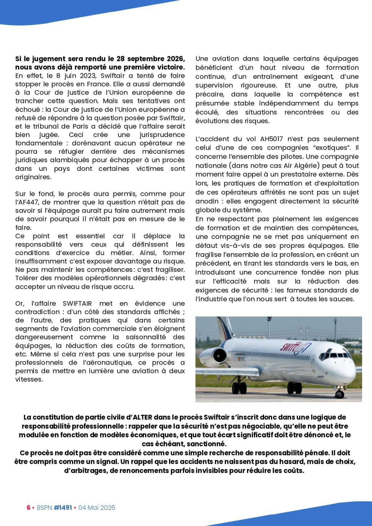 ALTER // Bulletin Syndical du Personnel Naviguant # 1491 du 4 mai 2026