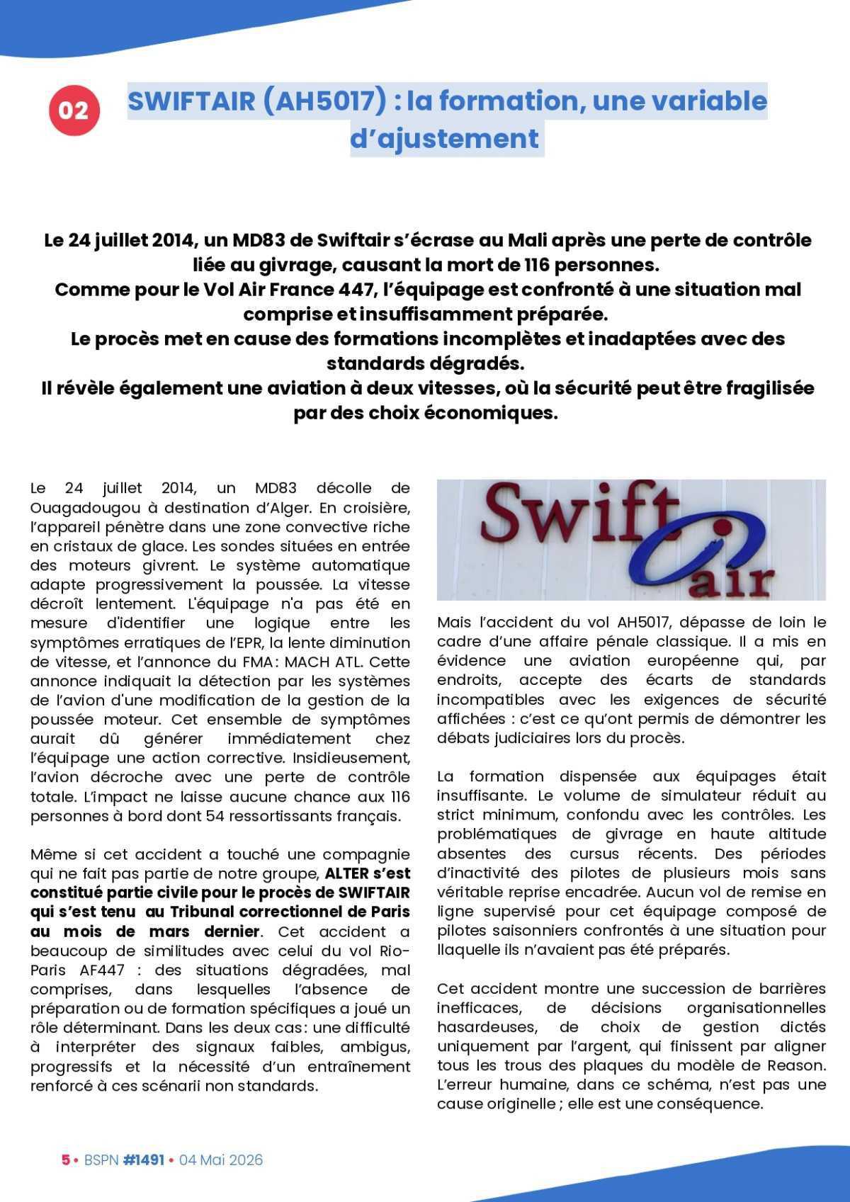 ALTER // Bulletin Syndical du Personnel Naviguant # 1491 du 4 mai 2026