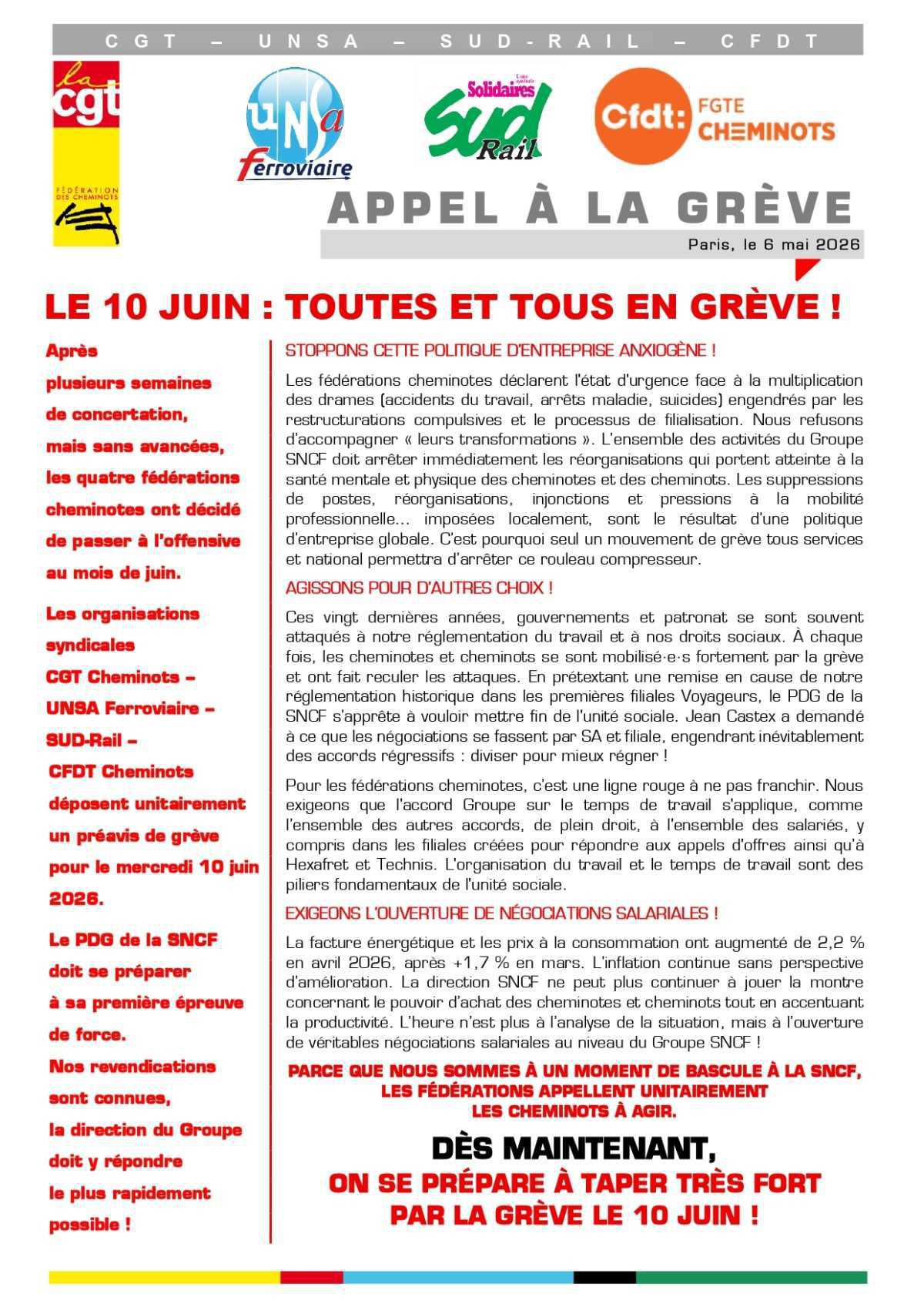 Communiqué unitaire cheminot // Tous et toutes en grève le 10 juin !