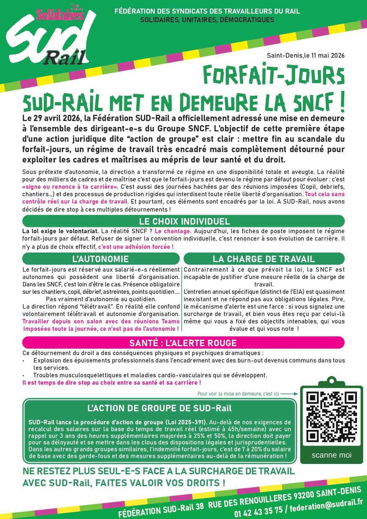 Forfait-jours : SUD-Rail met en demeure la SNCF !