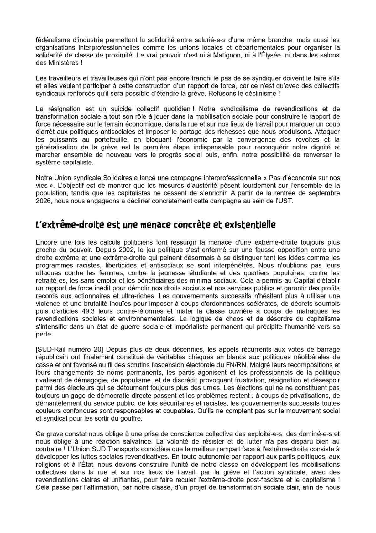 6e Congrès de l'Union SUD Transports du 12 mai 2026 : Résolution d'orientation