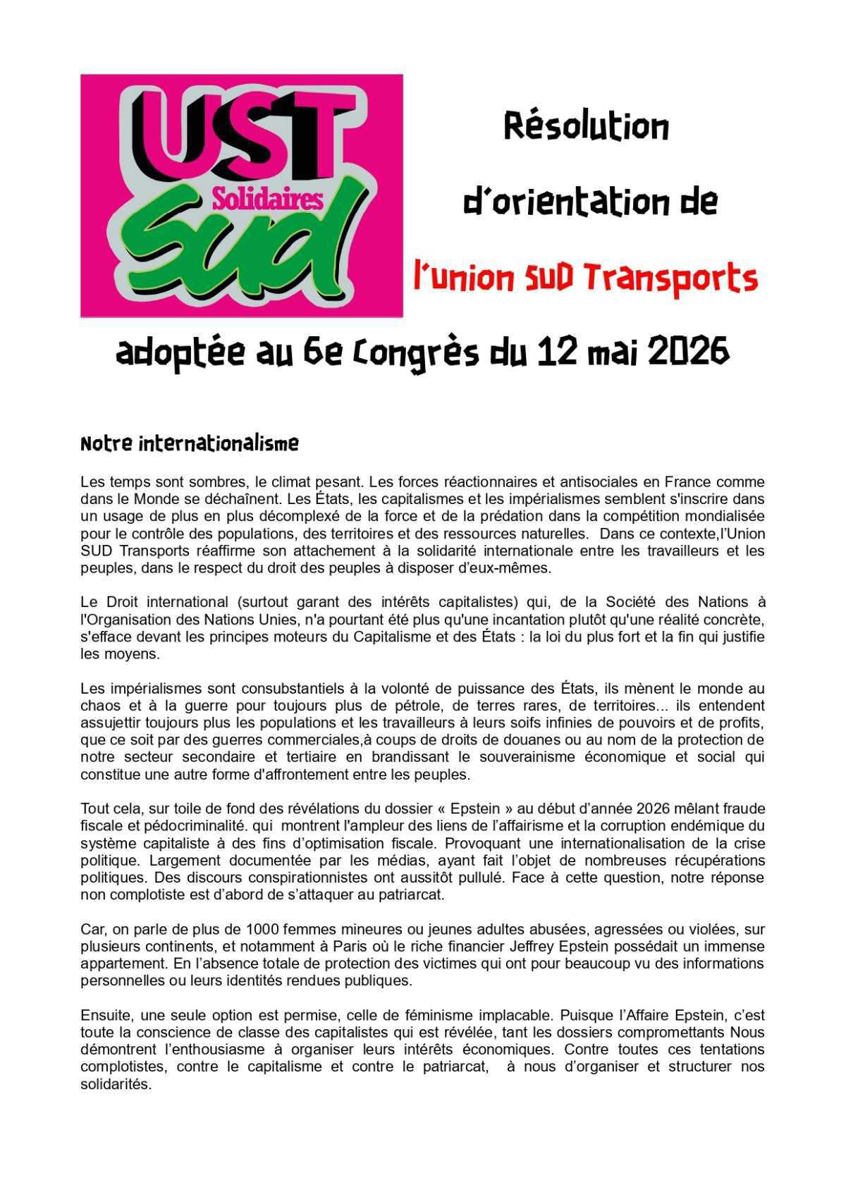 6e Congrès de l'Union SUD Transports du 12 mai 2026 : Résolution d'orientation