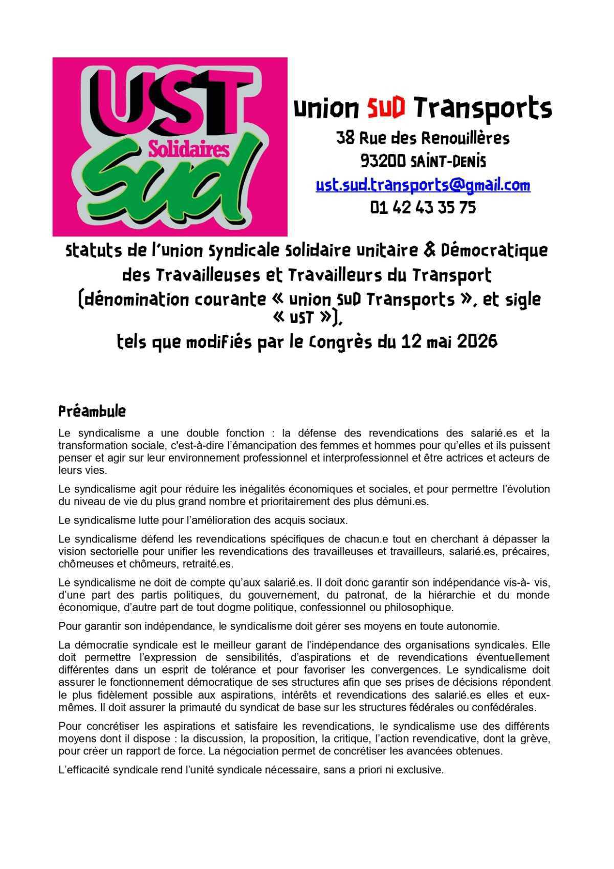 6e Congrès de l'UST du 12 mai 2026 : Statuts et Règlement intérieur adoptés