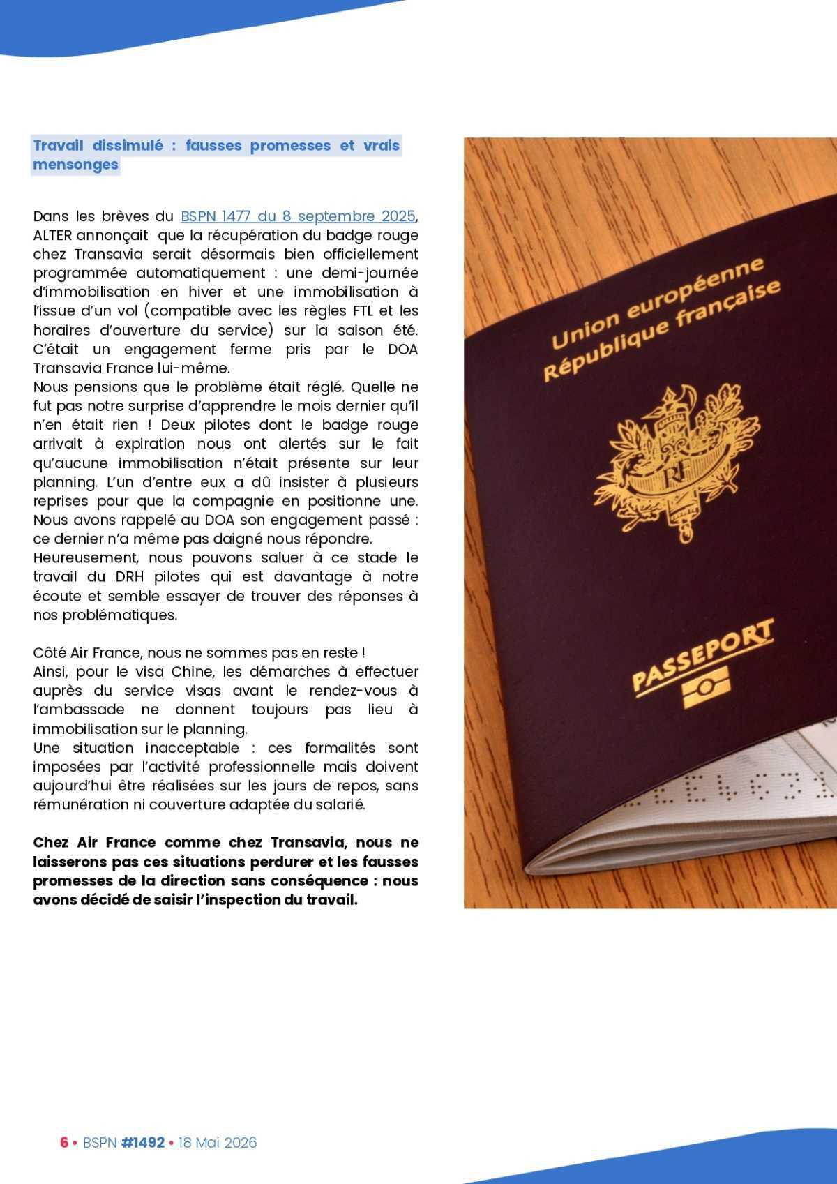 ALTER // Bulletin Syndical du Personnel Naviguant # 1492 du 18 mai 2026