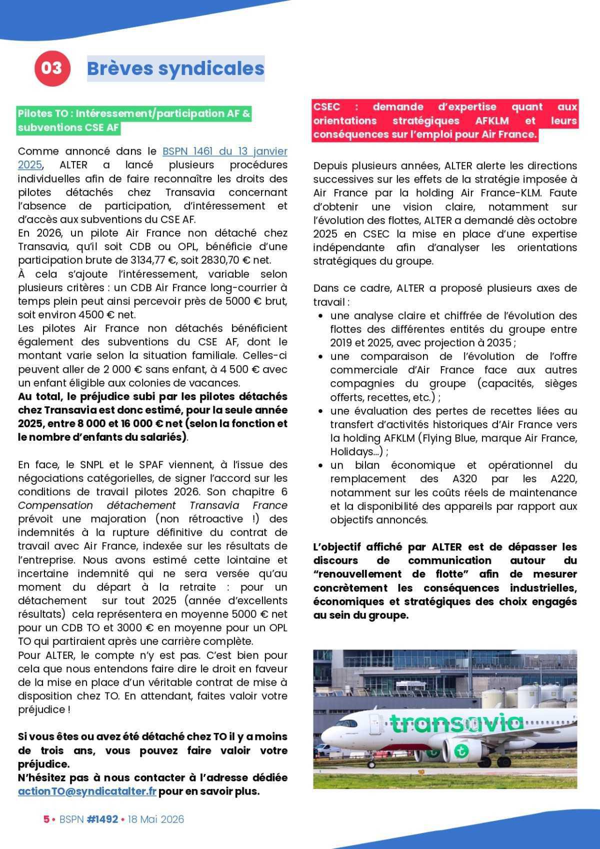 ALTER // Bulletin Syndical du Personnel Naviguant # 1492 du 18 mai 2026