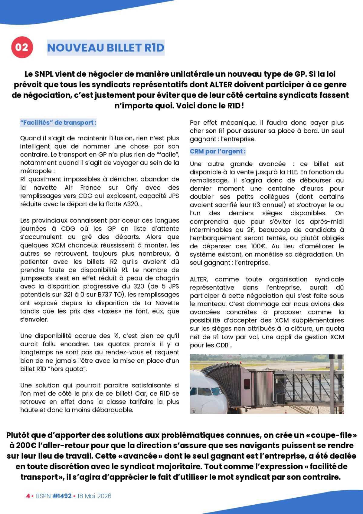 ALTER // Bulletin Syndical du Personnel Naviguant # 1492 du 18 mai 2026