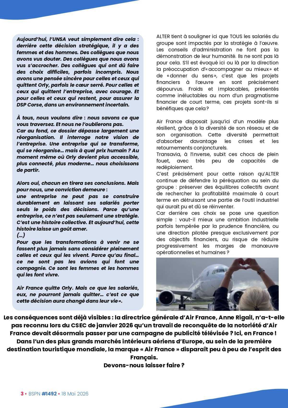 ALTER // Bulletin Syndical du Personnel Naviguant # 1492 du 18 mai 2026