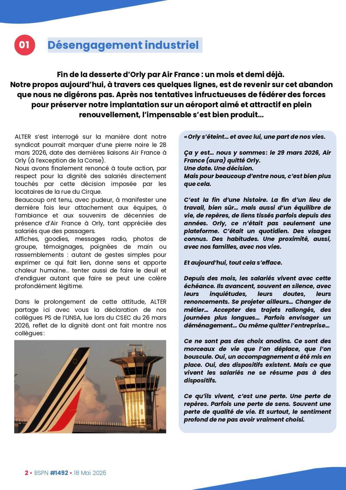 ALTER // Bulletin Syndical du Personnel Naviguant # 1492 du 18 mai 2026