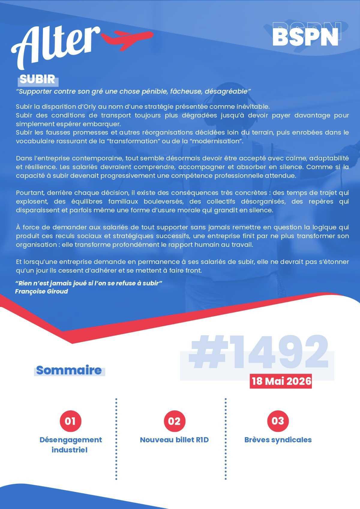 ALTER // Bulletin Syndical du Personnel Naviguant # 1492 du 18 mai 2026