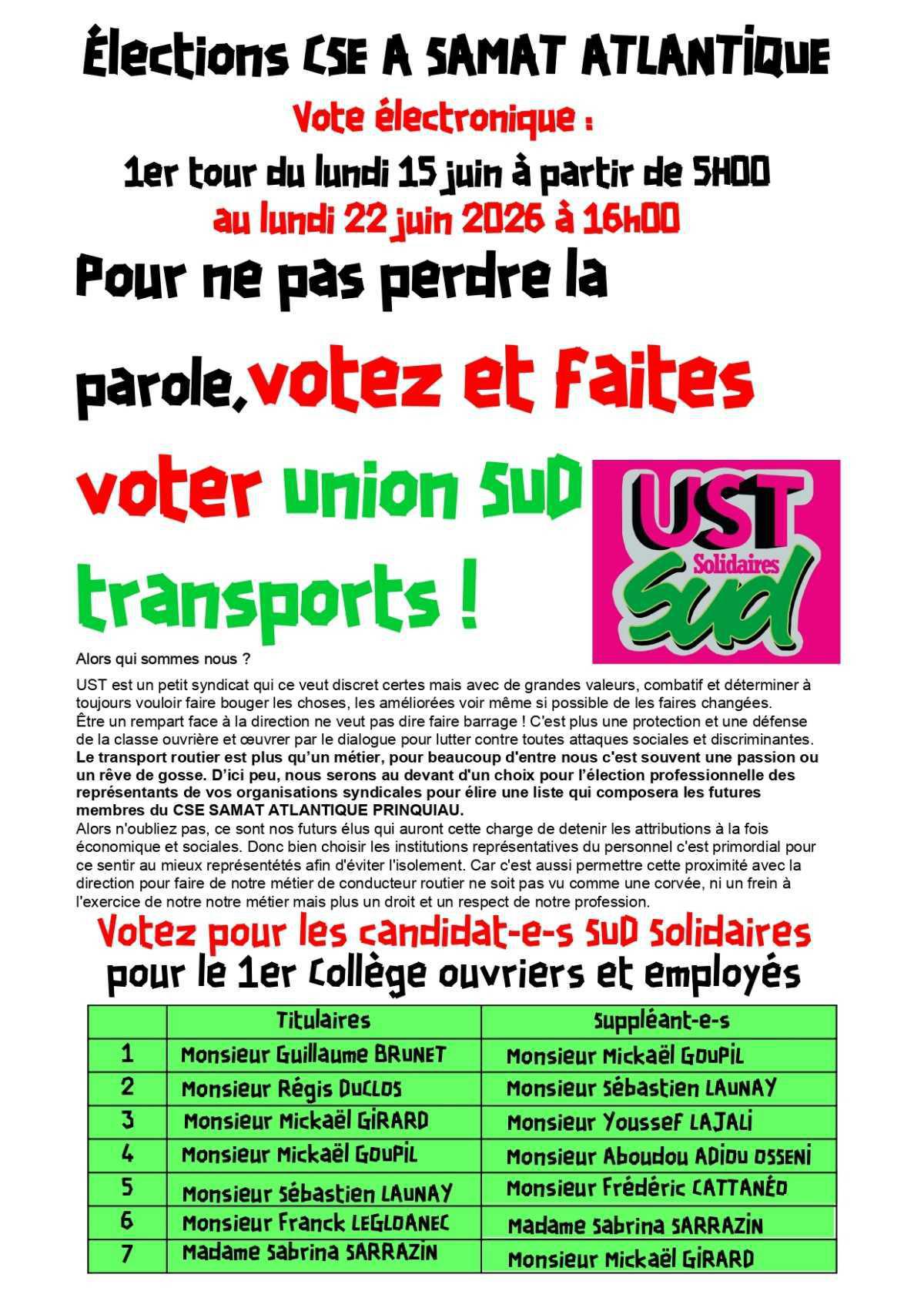 Profession de foi de l'UST SUD à SAMAT ATLANTIQUE
