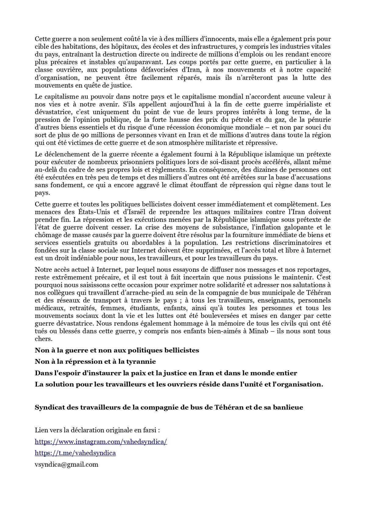 Déclaration du syndicat des travailleurs de la Compagnie des bus de Téhéran