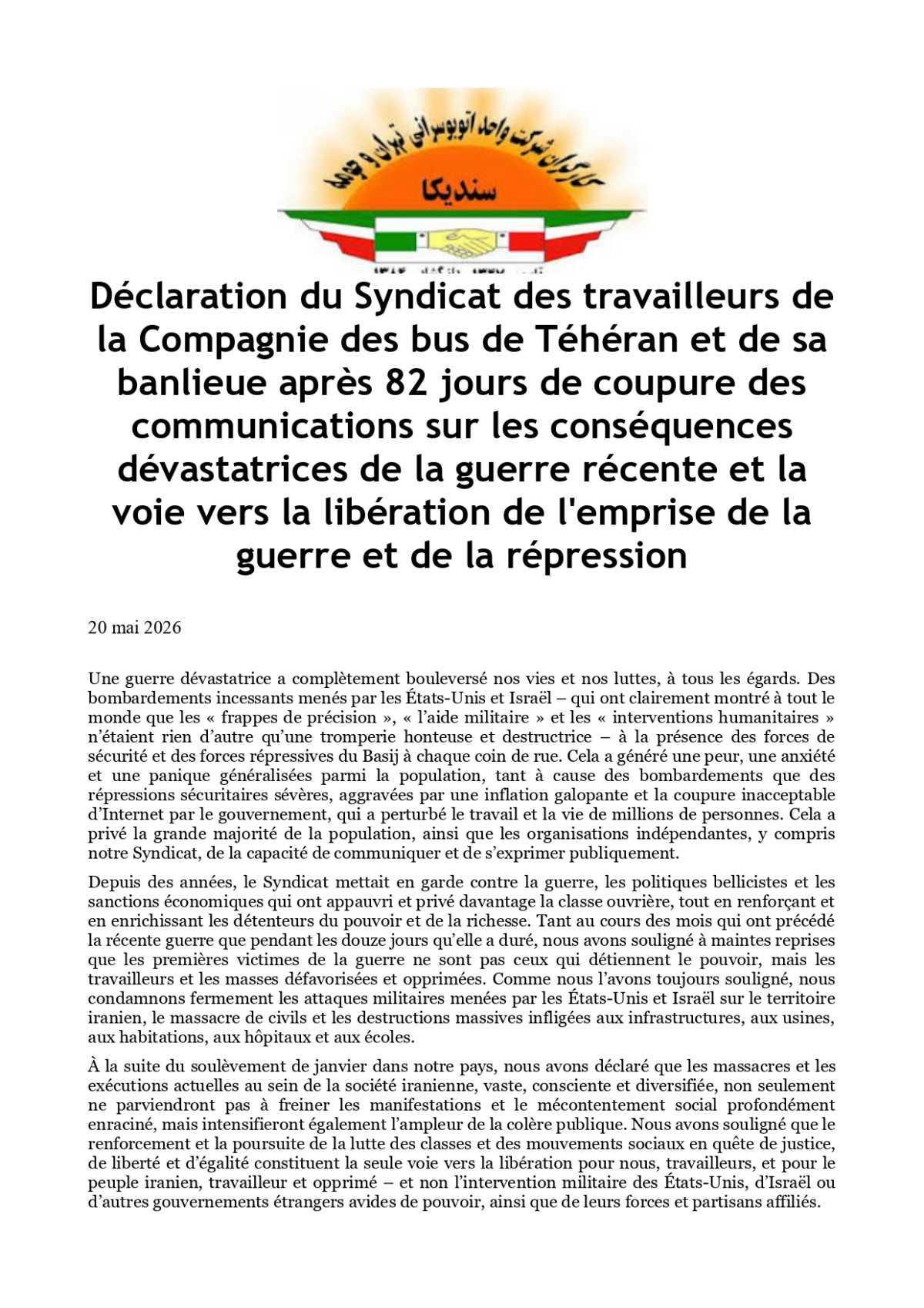 Déclaration du syndicat des travailleurs de la Compagnie des bus de Téhéran