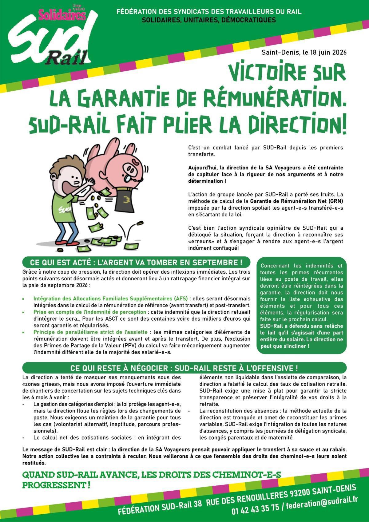 Garantie de rémunération : SUD-Rail fait plier la Direction !