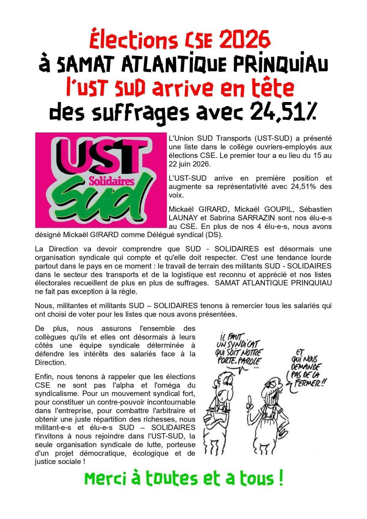 L'UST SUD arrive en tête aux élections CSE de SAMAT ATLANTIQUe à PRINQUIAU !