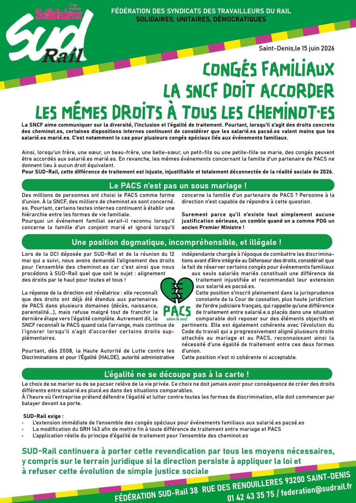 SUD-Rail // Congés familiaux : de même droits pour tous les cheminote-s !