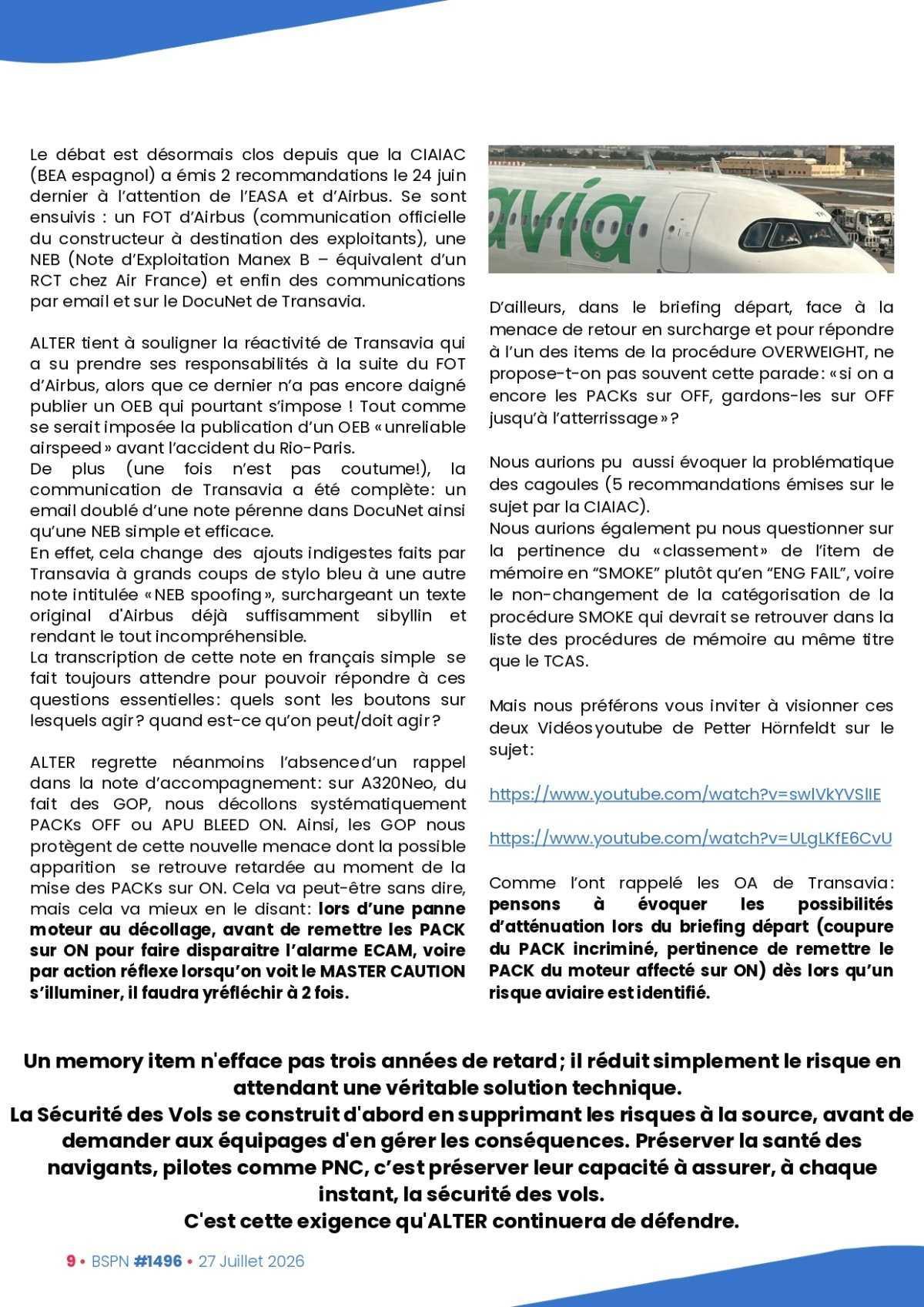 ALTER // Bulletin Syndical du Personnel Naviguant # 1496 du 27 juillet 2026