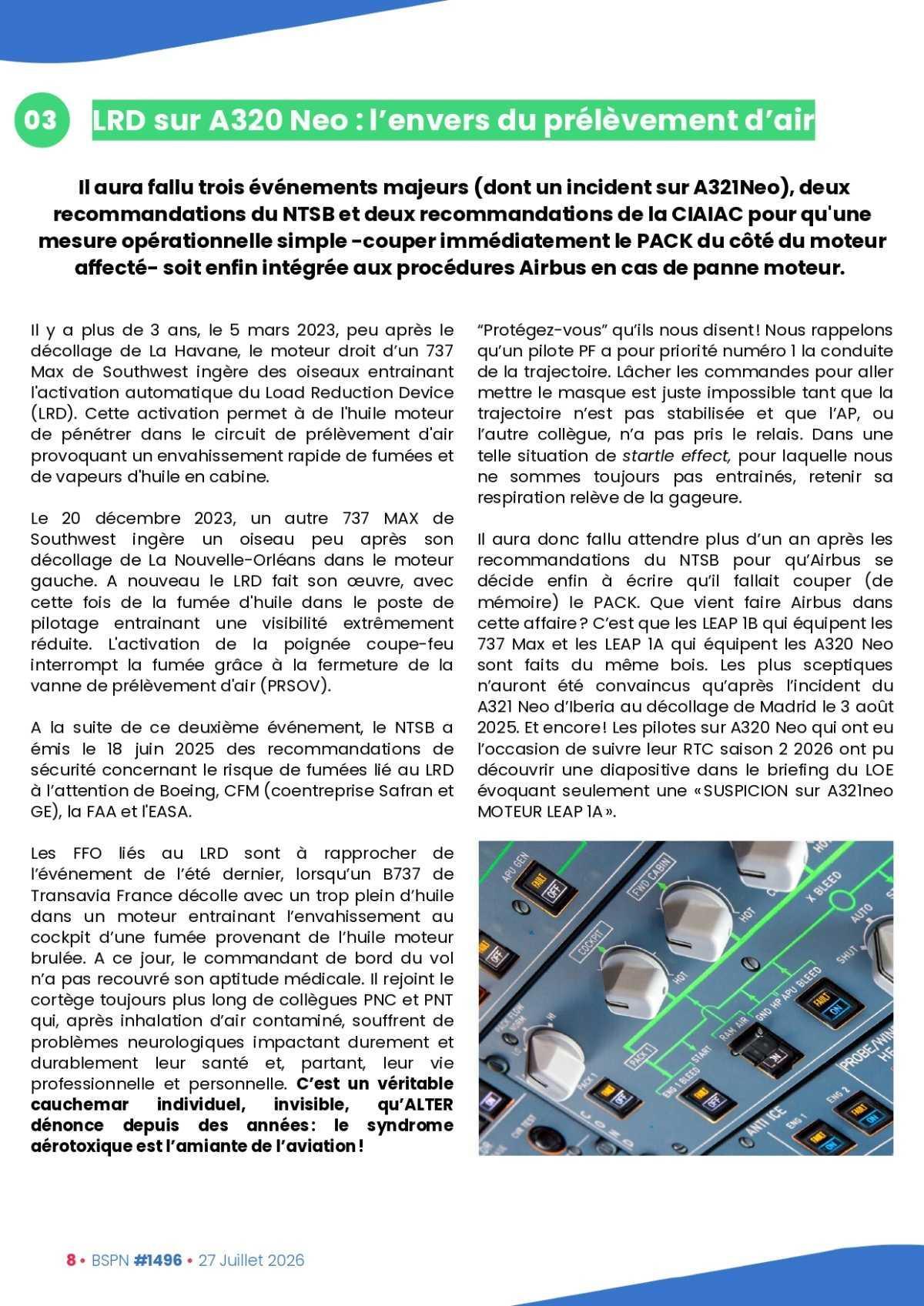ALTER // Bulletin Syndical du Personnel Naviguant # 1496 du 27 juillet 2026