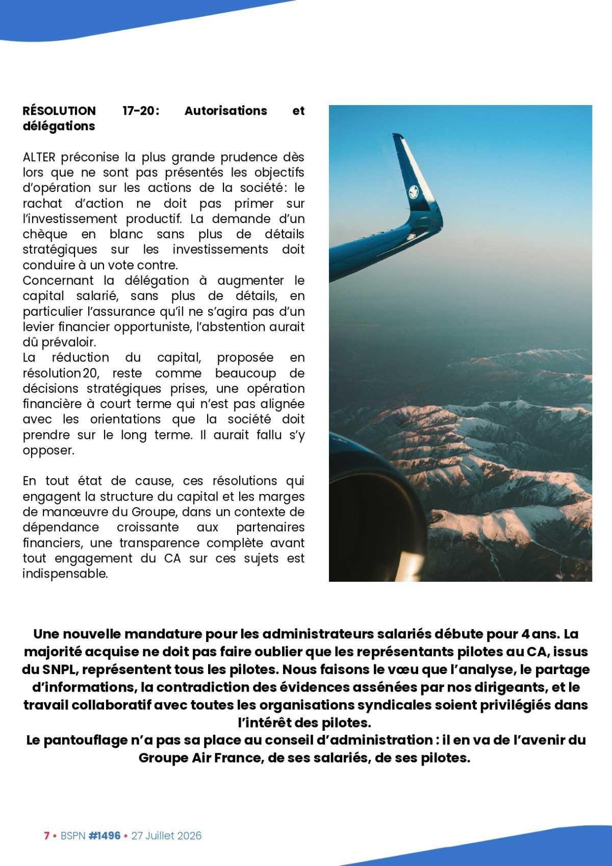 ALTER // Bulletin Syndical du Personnel Naviguant # 1496 du 27 juillet 2026