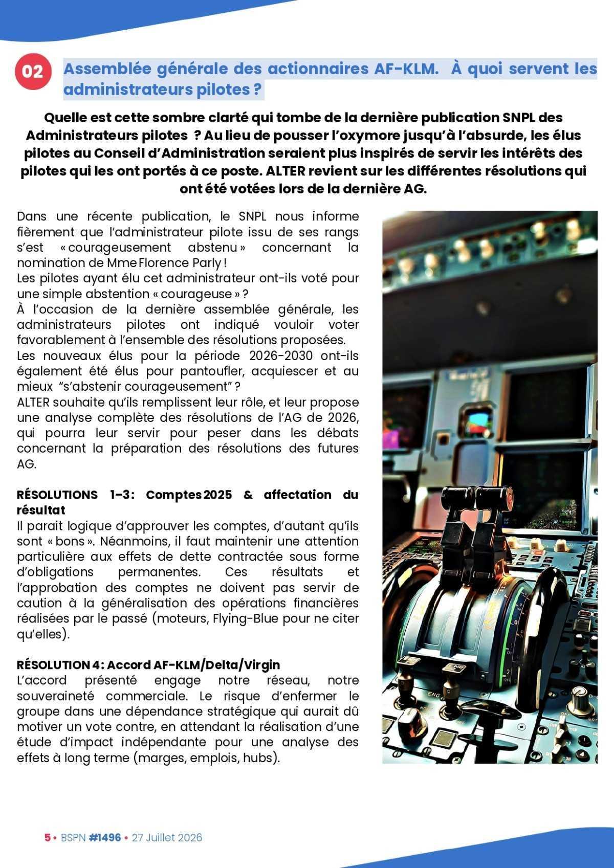 ALTER // Bulletin Syndical du Personnel Naviguant # 1496 du 27 juillet 2026
