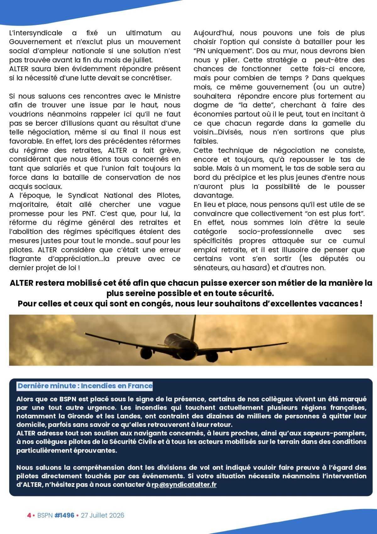 ALTER // Bulletin Syndical du Personnel Naviguant # 1496 du 27 juillet 2026
