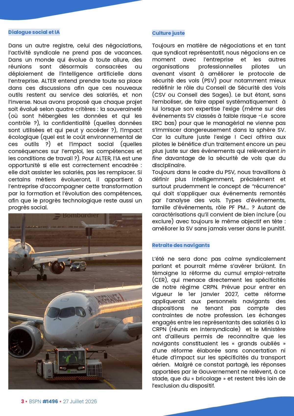 ALTER // Bulletin Syndical du Personnel Naviguant # 1496 du 27 juillet 2026