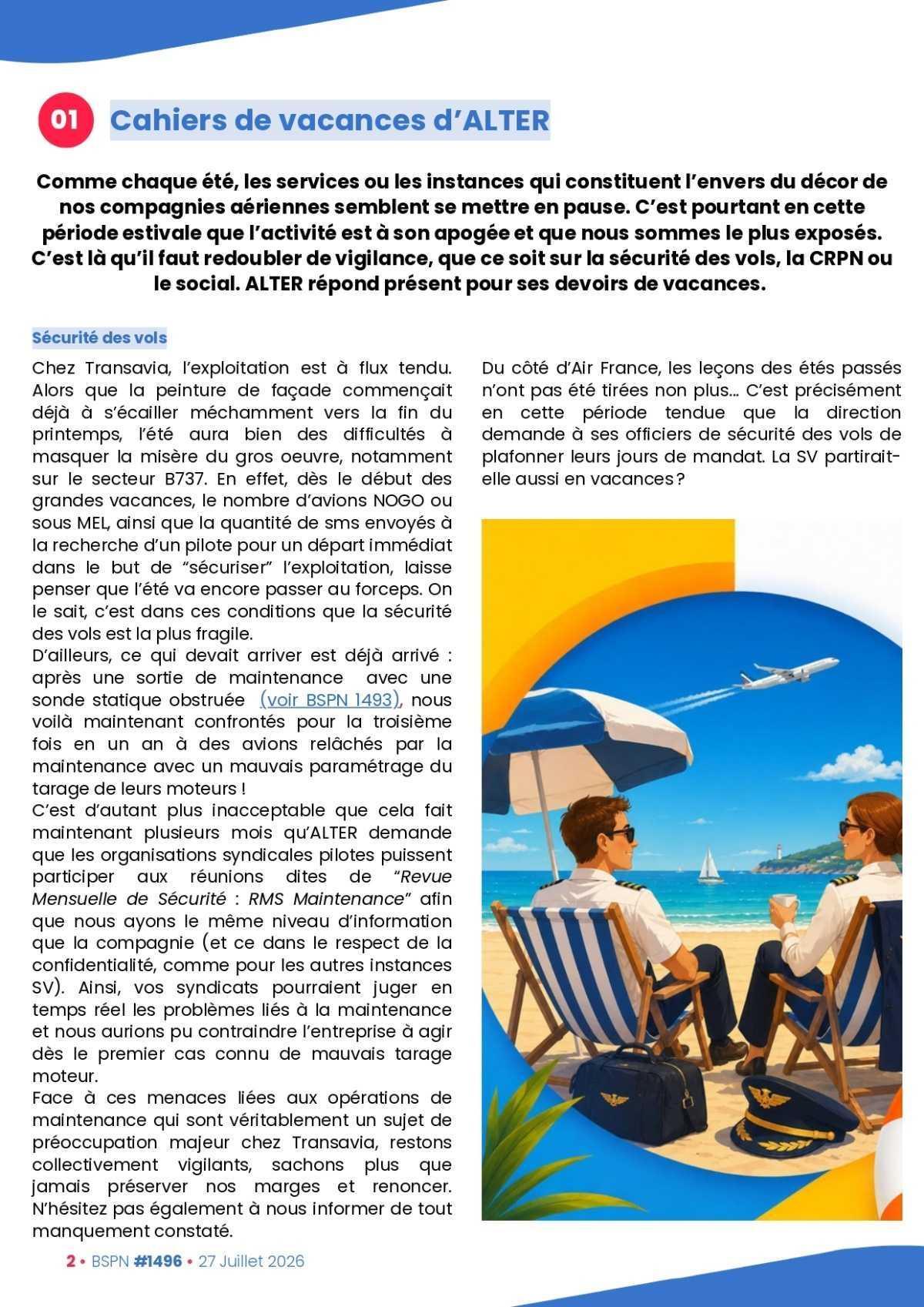ALTER // Bulletin Syndical du Personnel Naviguant # 1496 du 27 juillet 2026