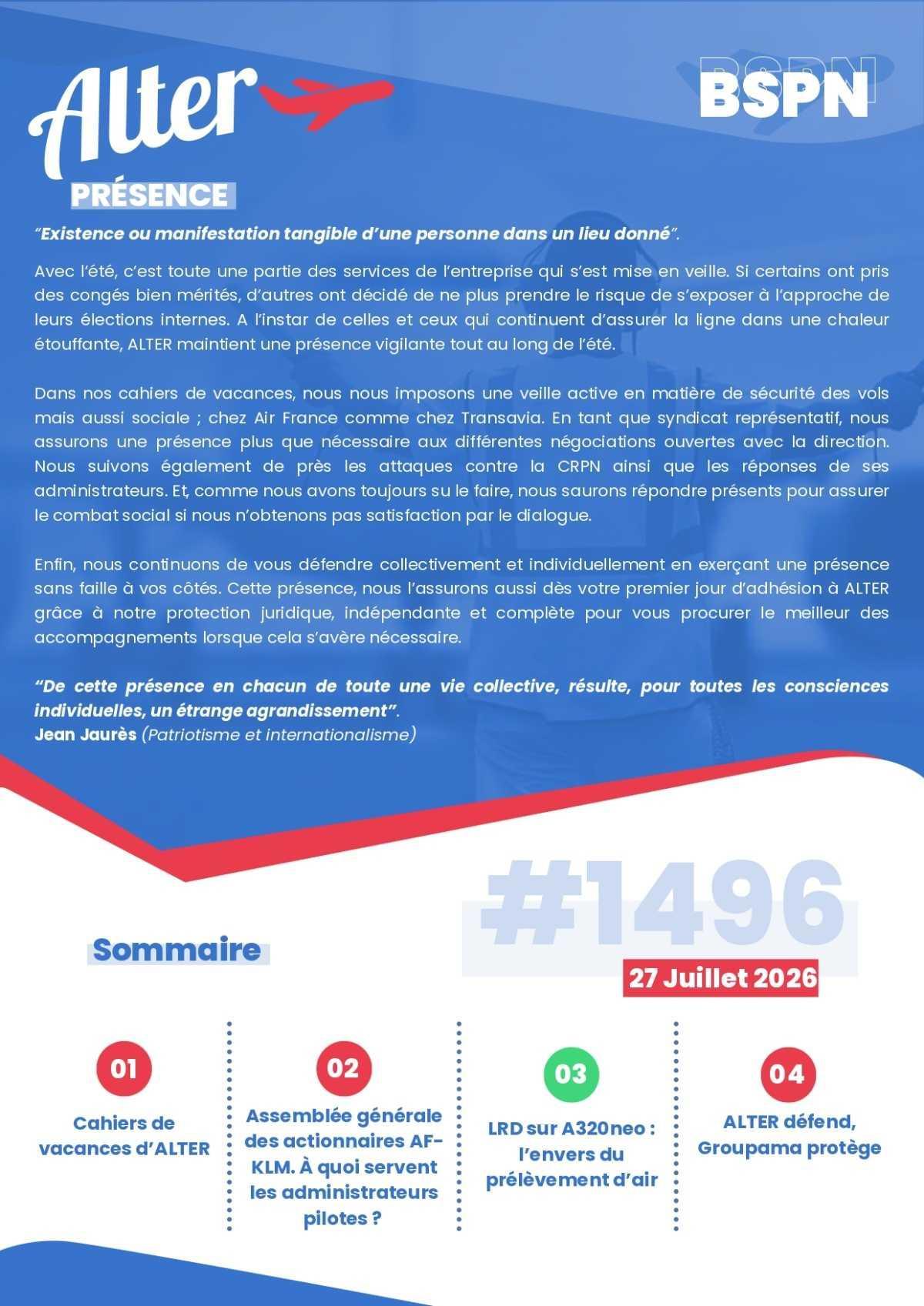 ALTER // Bulletin Syndical du Personnel Naviguant # 1496 du 27 juillet 2026