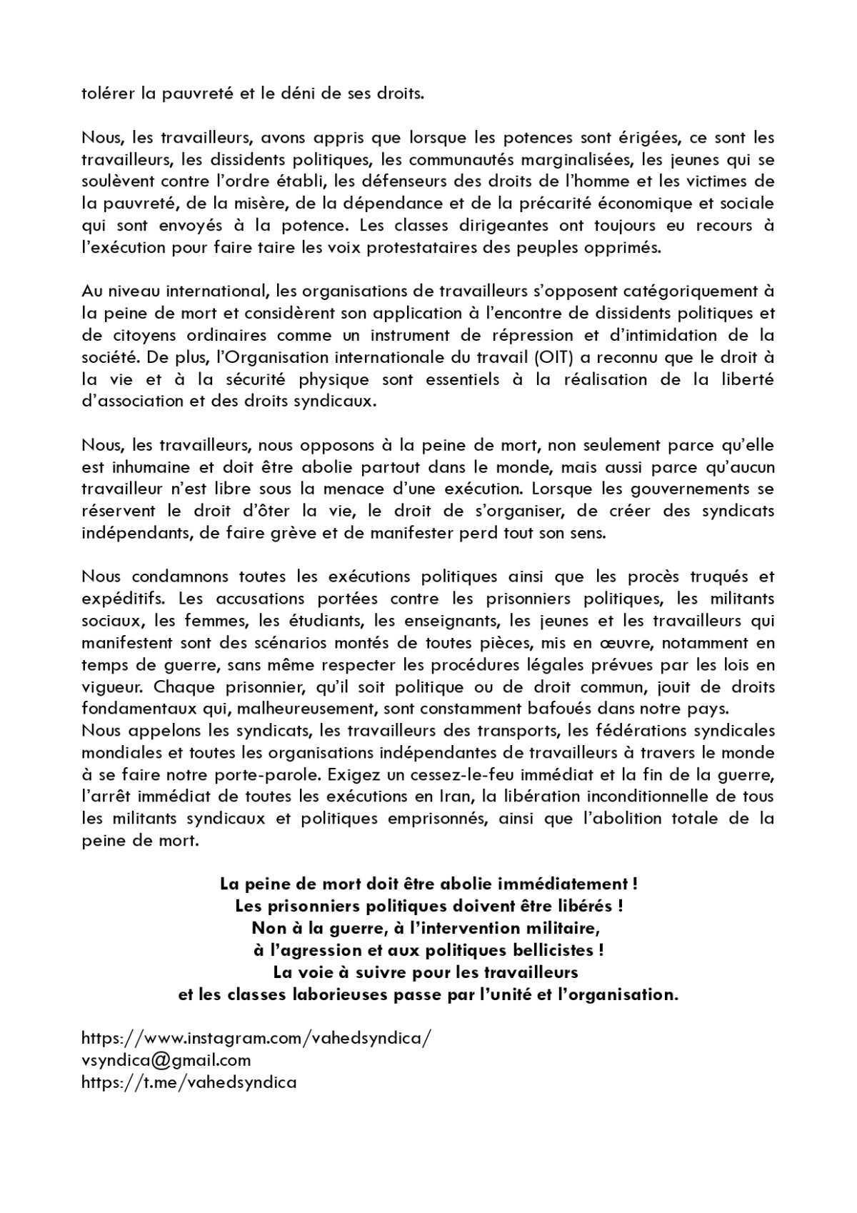 Syndicat des travailleurs des bus de Téhéran // Halte aux exécutions !