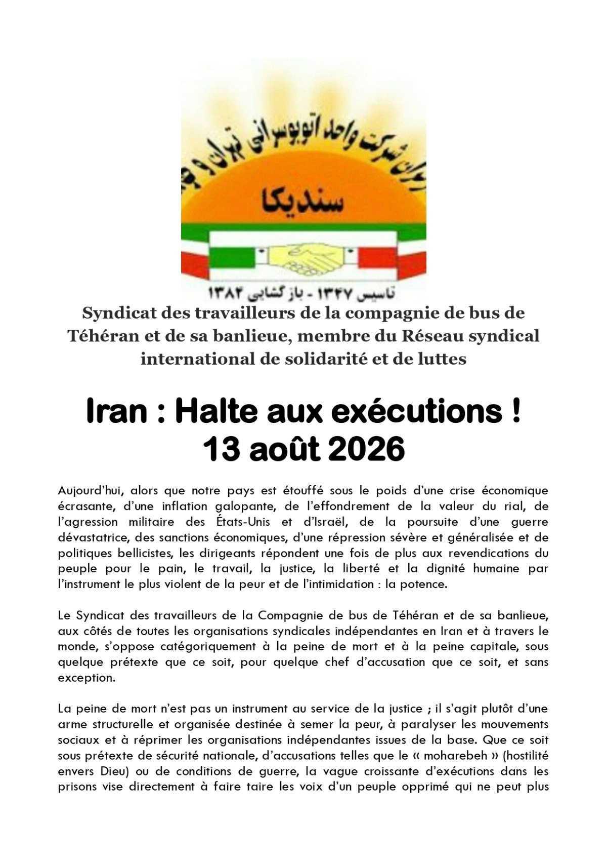 Syndicat des travailleurs des bus de Téhéran // Halte aux exécutions !