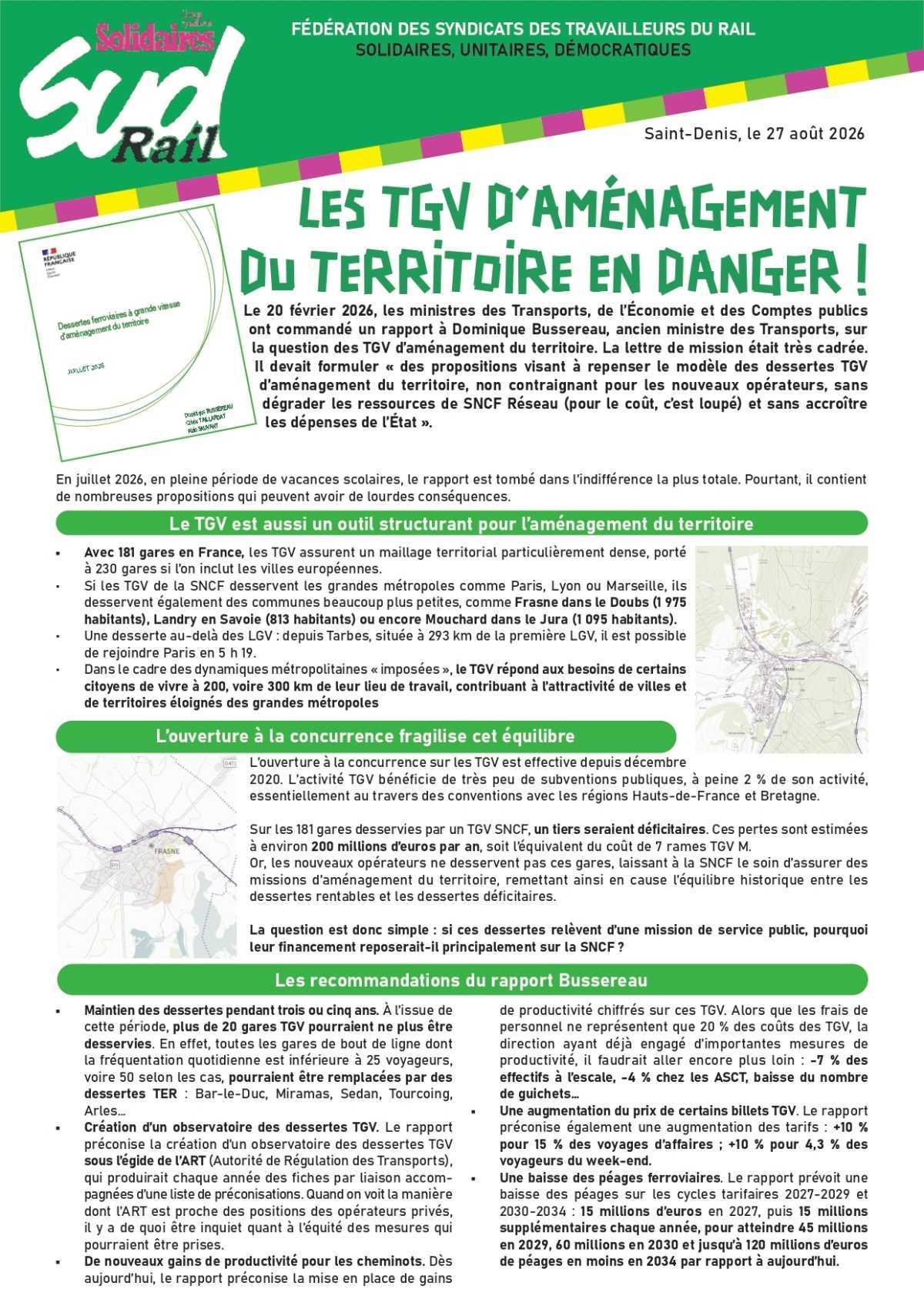 SUD-Rail // Les TGV d'aménagement du territoire en danger !