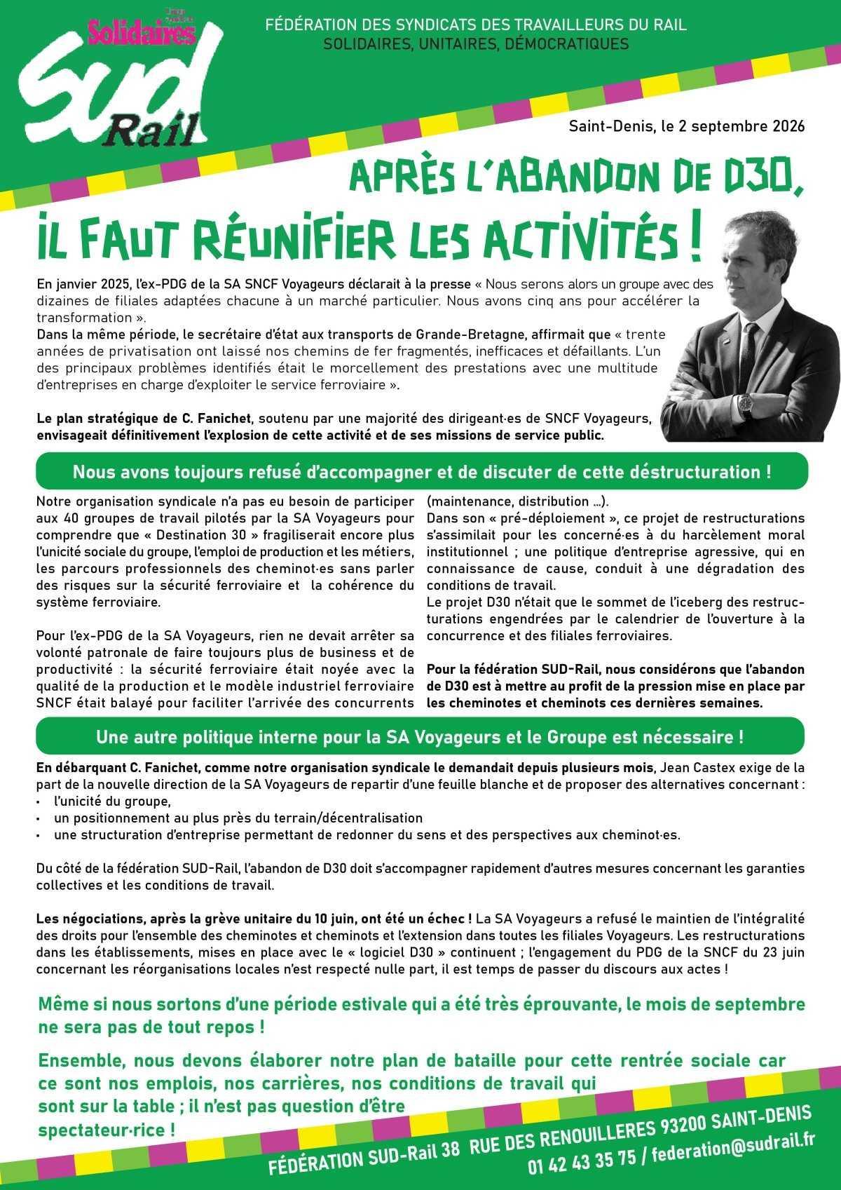 SUD-Rail // Après l'abandon de D30, il faut réunifier les activités !