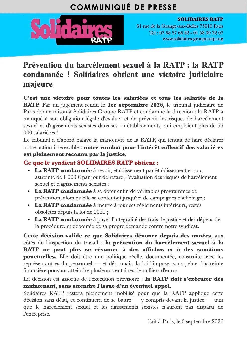 Solidaires RATP // La RATP condamnée, victoire pour Solidaires !