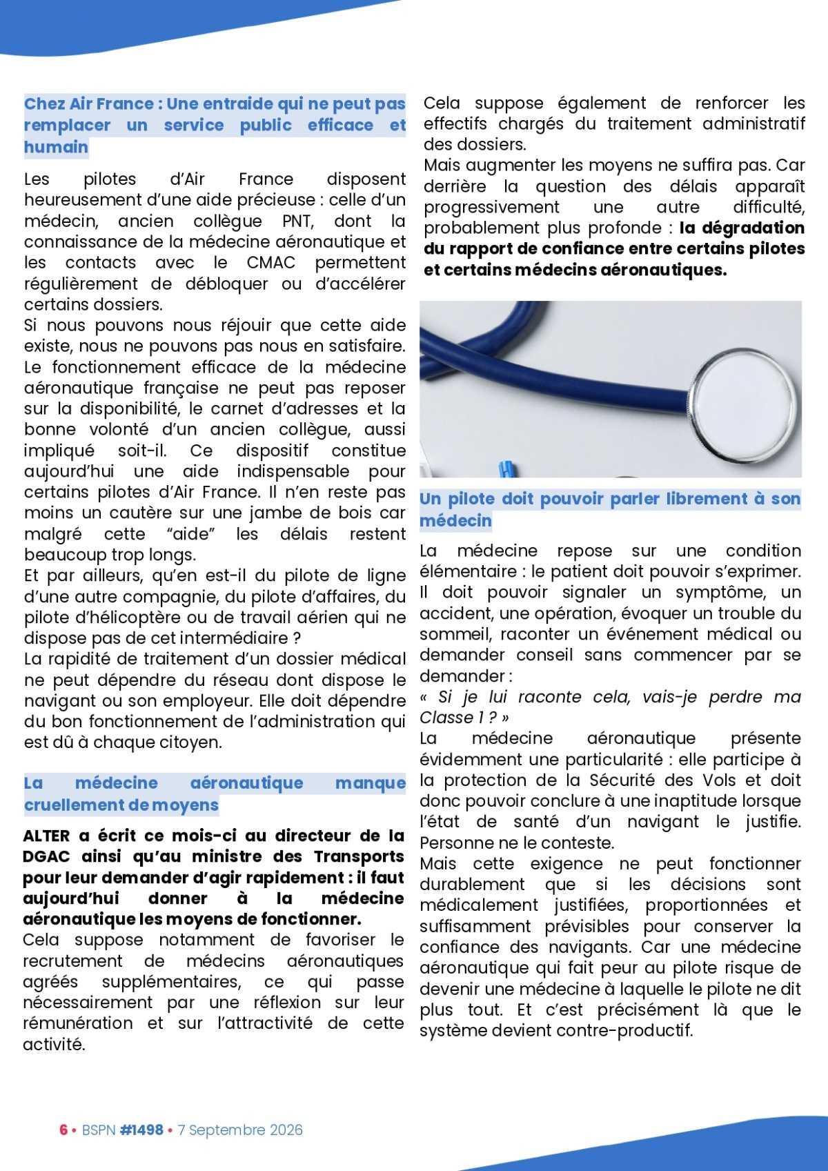 ALTER // Bulletin Syndical du Personnel Naviguant # 1498 du 7 septembre 2026