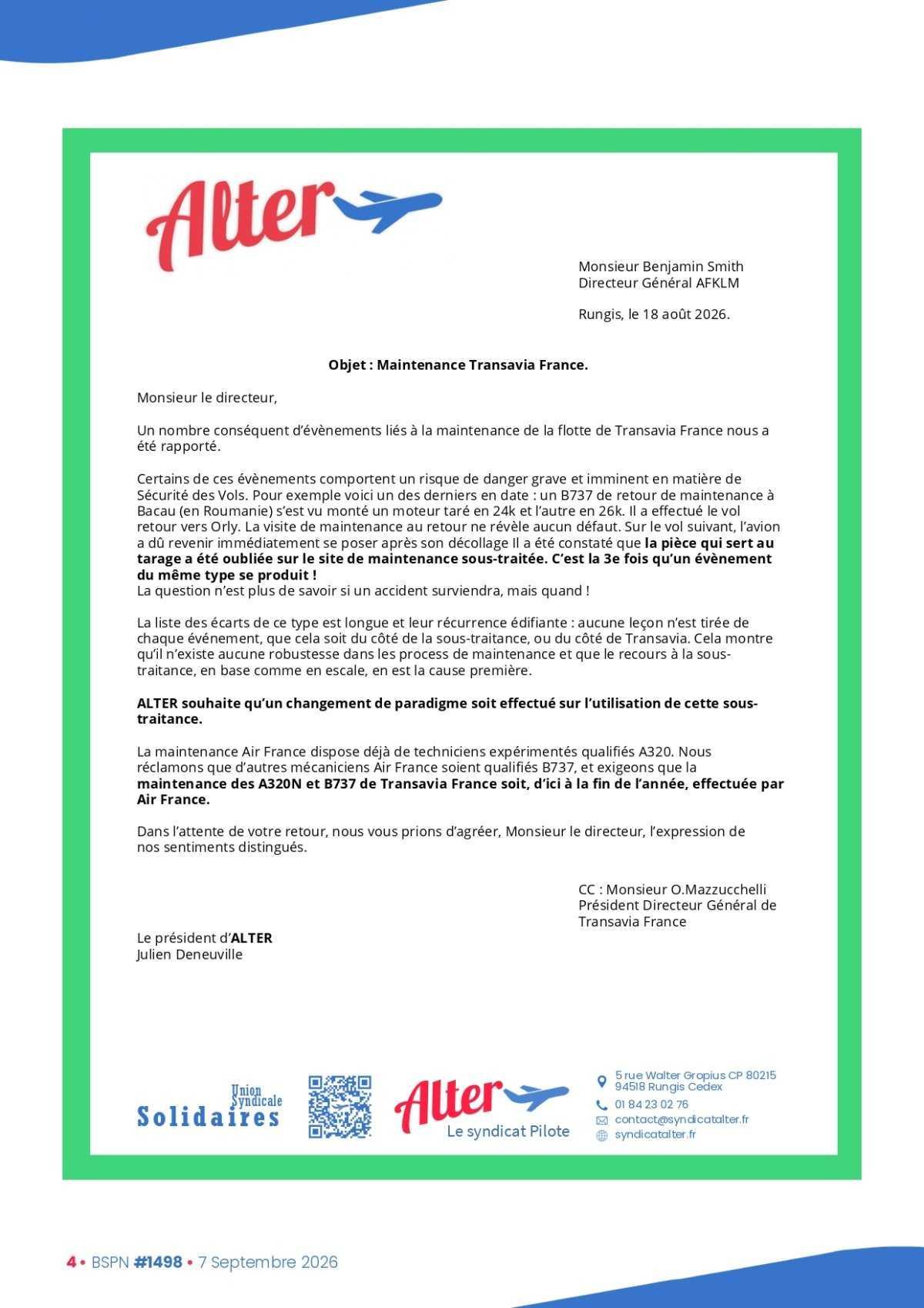 ALTER // Bulletin Syndical du Personnel Naviguant # 1498 du 7 septembre 2026