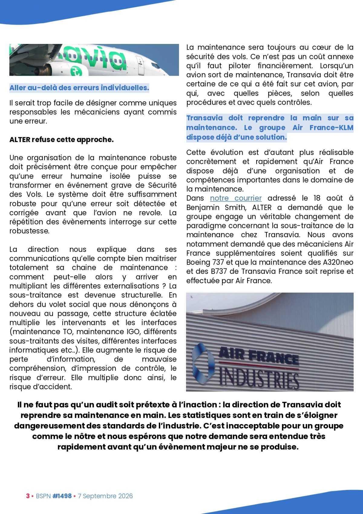 ALTER // Bulletin Syndical du Personnel Naviguant # 1498 du 7 septembre 2026