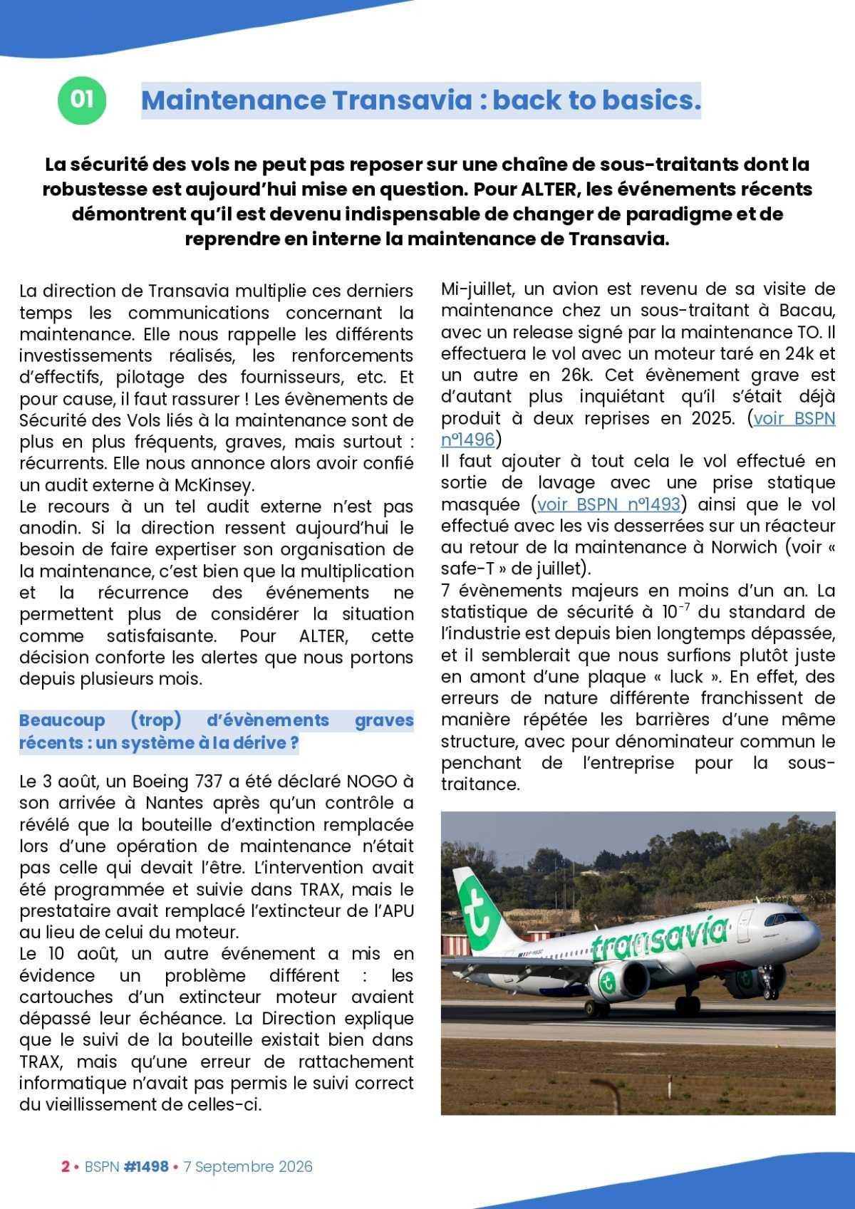 ALTER // Bulletin Syndical du Personnel Naviguant # 1498 du 7 septembre 2026