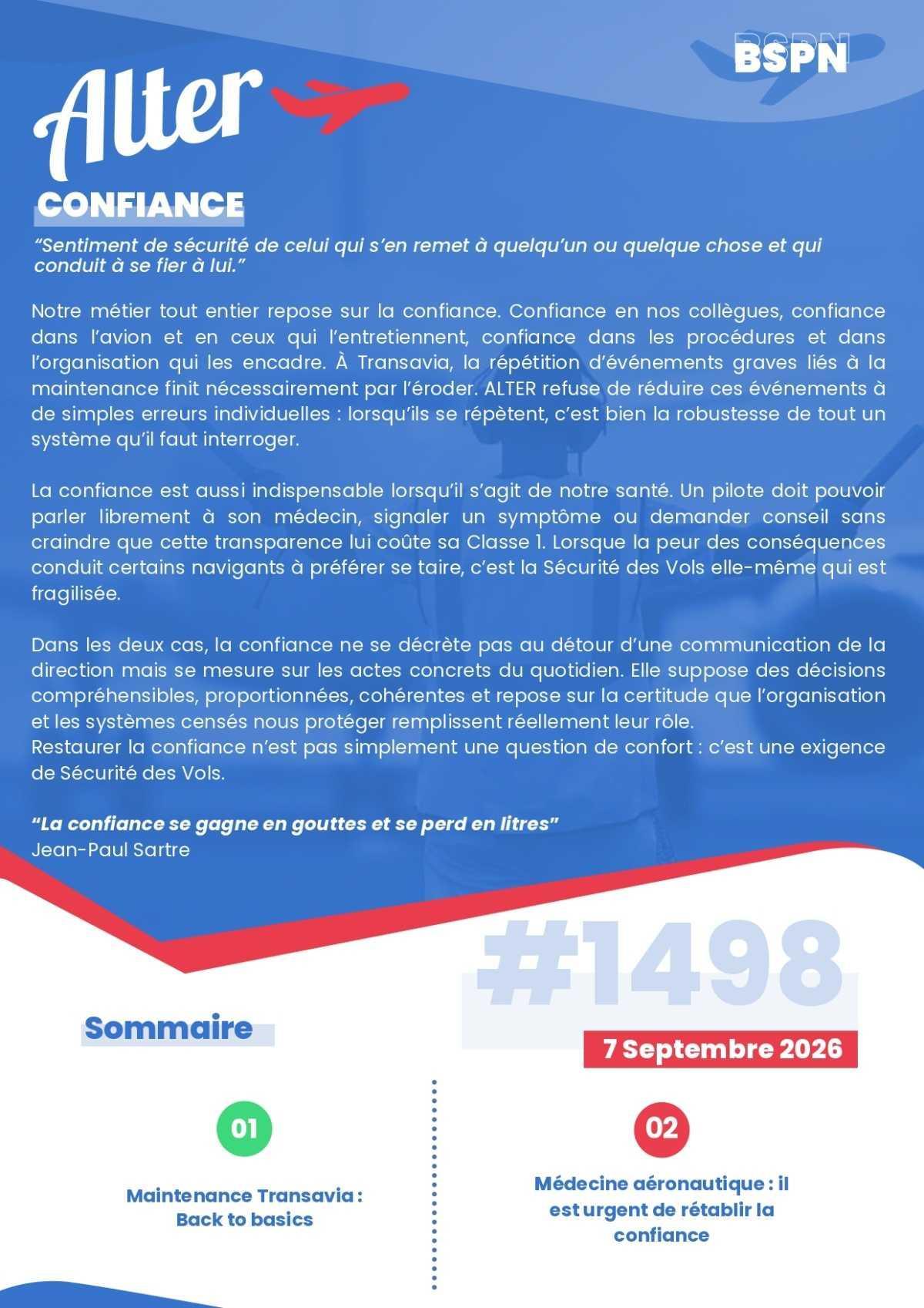 ALTER // Bulletin Syndical du Personnel Naviguant # 1498 du 7 septembre 2026