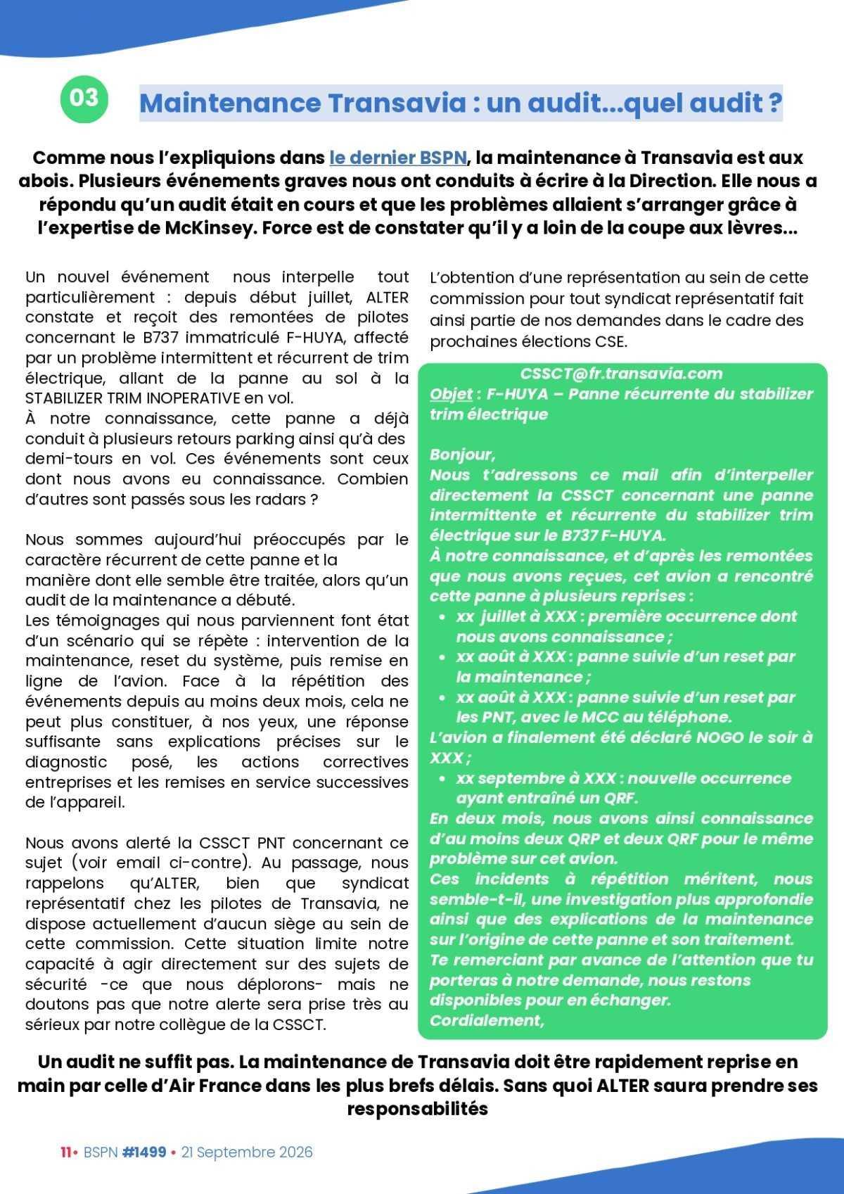 ALTER // Bulletin Syndical du Personnel Naviguant # 1499 du 21/09/26