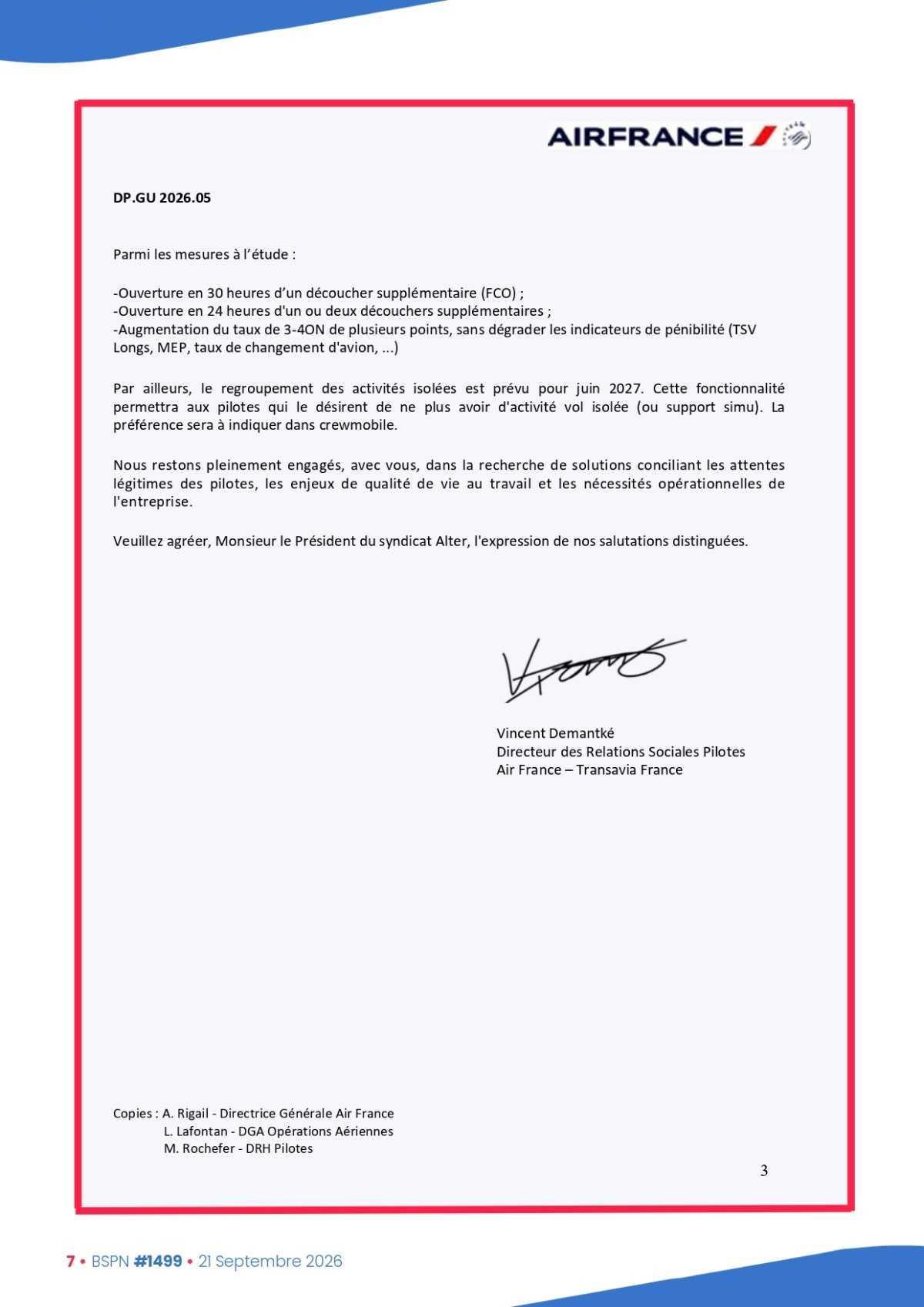 ALTER // Bulletin Syndical du Personnel Naviguant # 1499 du 21/09/26