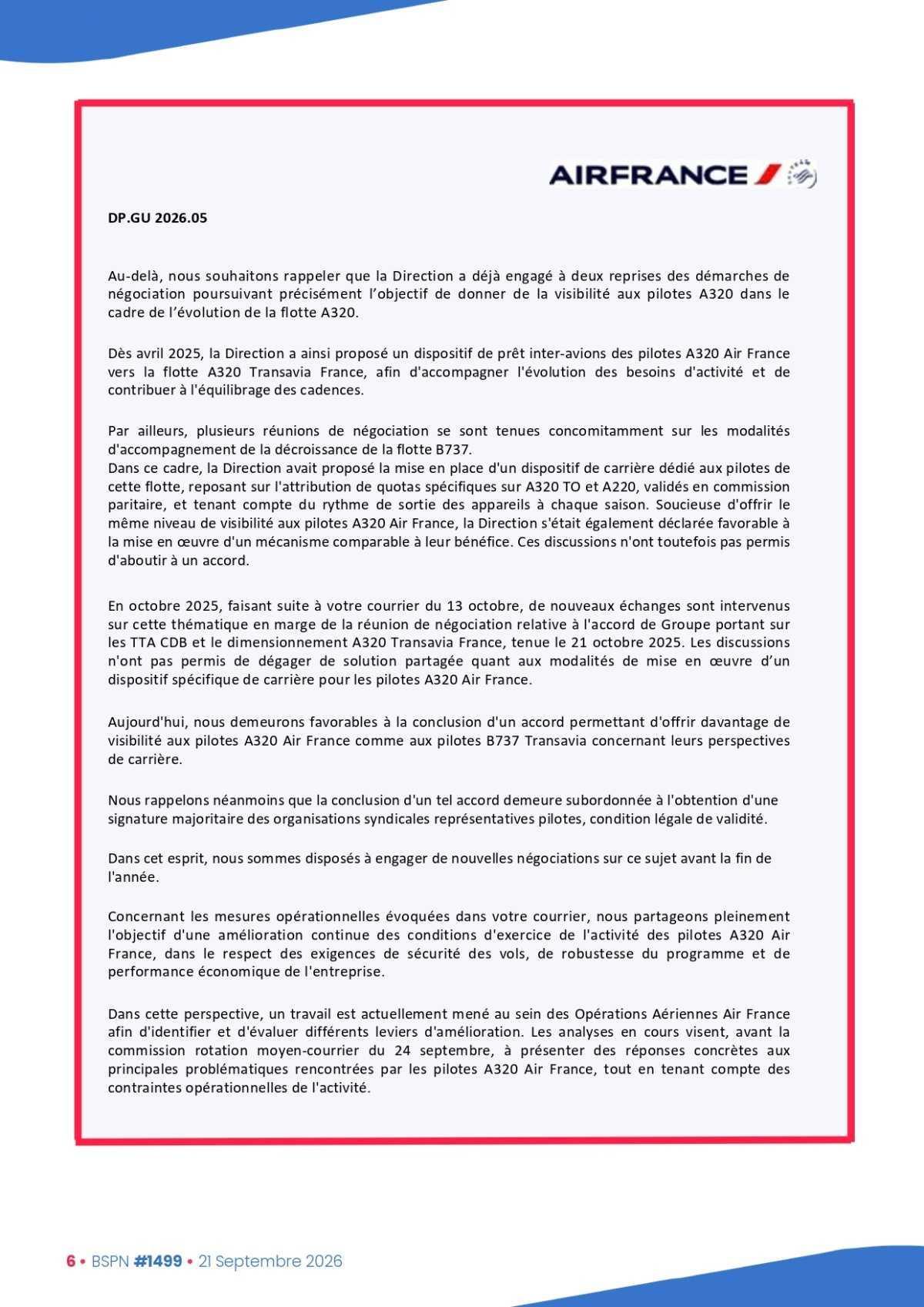 ALTER // Bulletin Syndical du Personnel Naviguant # 1499 du 21/09/26