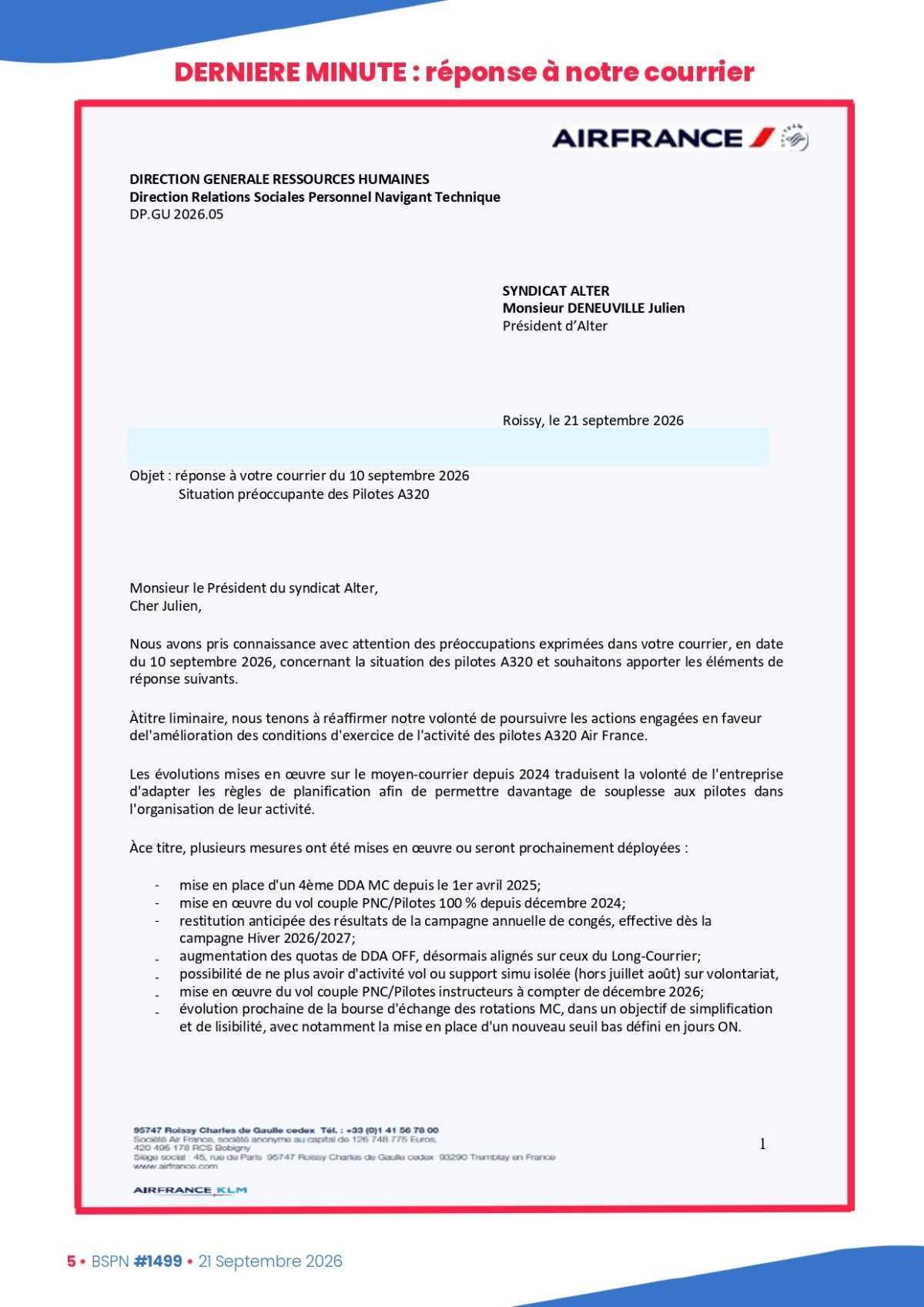 ALTER // Bulletin Syndical du Personnel Naviguant # 1499 du 21/09/26