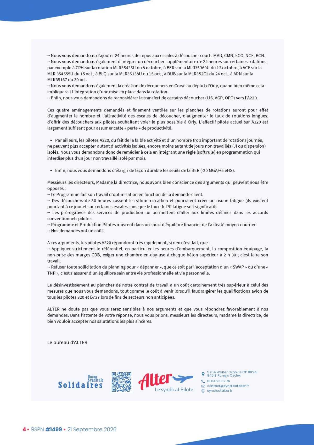 ALTER // Bulletin Syndical du Personnel Naviguant # 1499 du 21/09/26