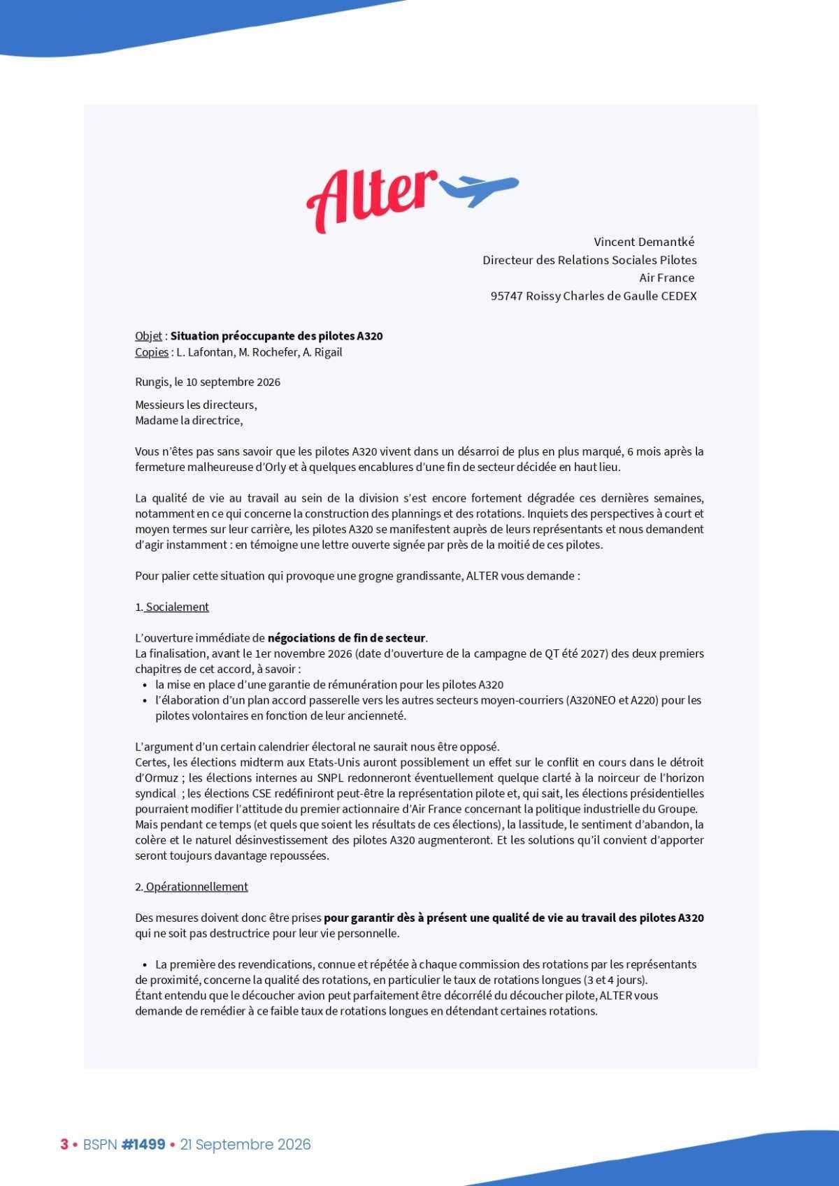 ALTER // Bulletin Syndical du Personnel Naviguant # 1499 du 21/09/26