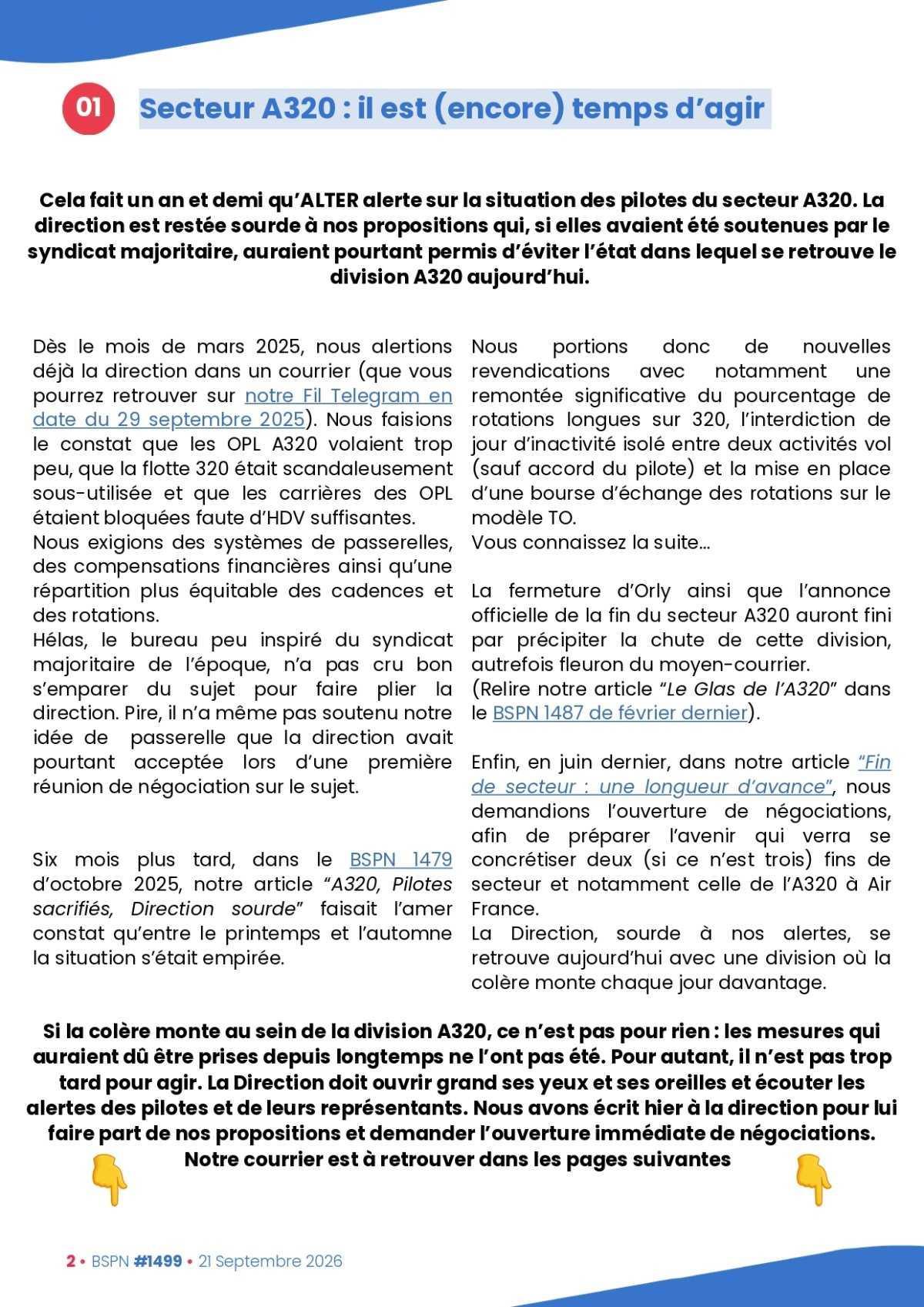 ALTER // Bulletin Syndical du Personnel Naviguant # 1499 du 21/09/26