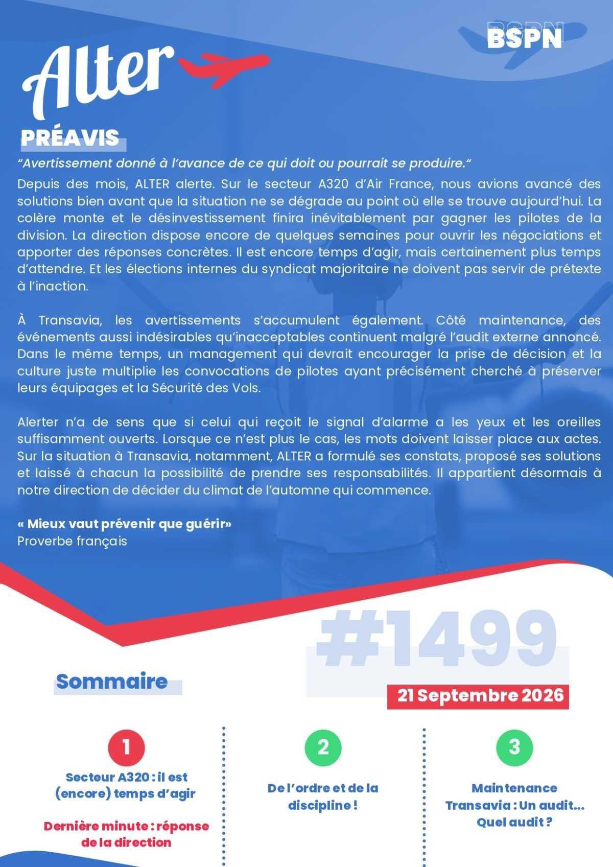 ALTER // Bulletin Syndical du Personnel Naviguant # 1499 du 21/09/26