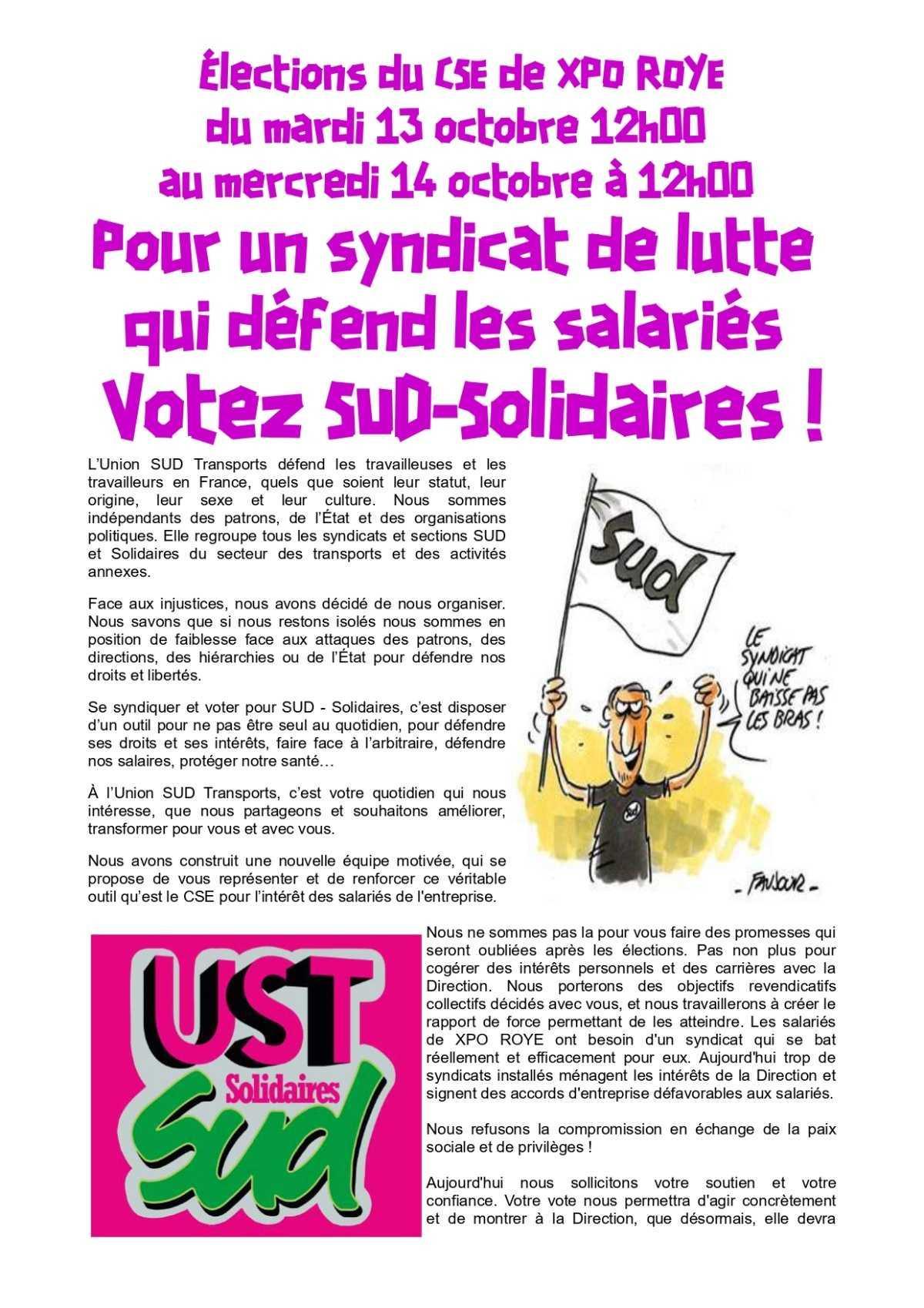 Élections CSE à XPO ROYE : Votez pour les candidats de l'Union SUD Transports !