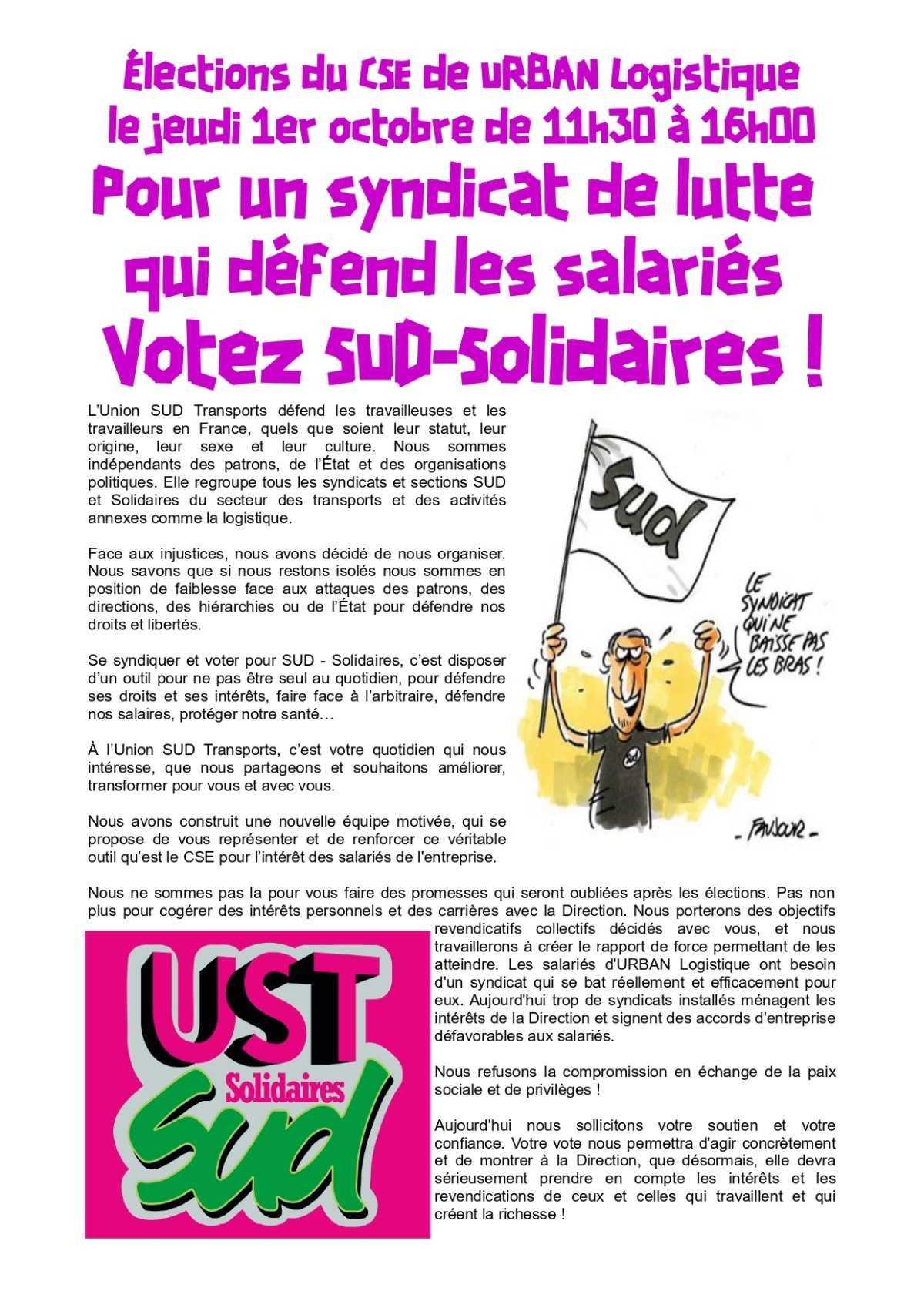 CSE URBAN Logistique : votez pour les candidats UST SUD !