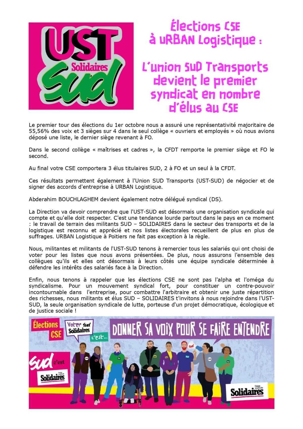 L'UST SUD obtient le plus d'élus à URBAN Logistique !