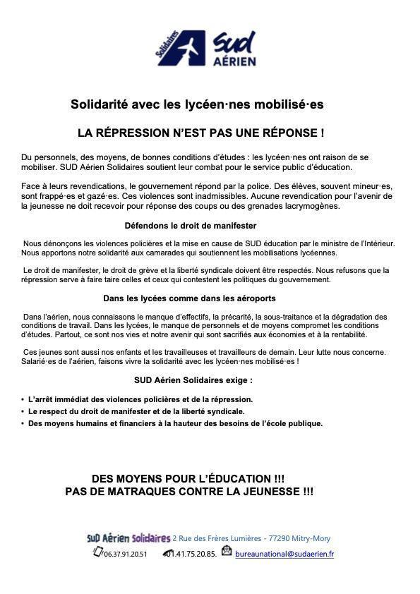 SUD Aérien // La répression des lycéens n'est pas une réponse !